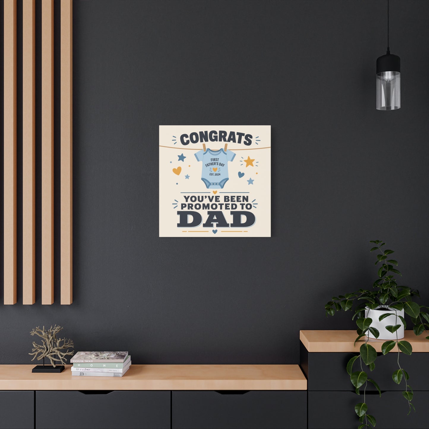 "Congrats You've Been Promoted To Dad" Canvas Wall Art - Baby Onesie Quote Print, Blue And Gold Typography Decor - Nursery Bedroom Wall Hanging - Bedroom Home Decoration - Modern Farmhouse Style