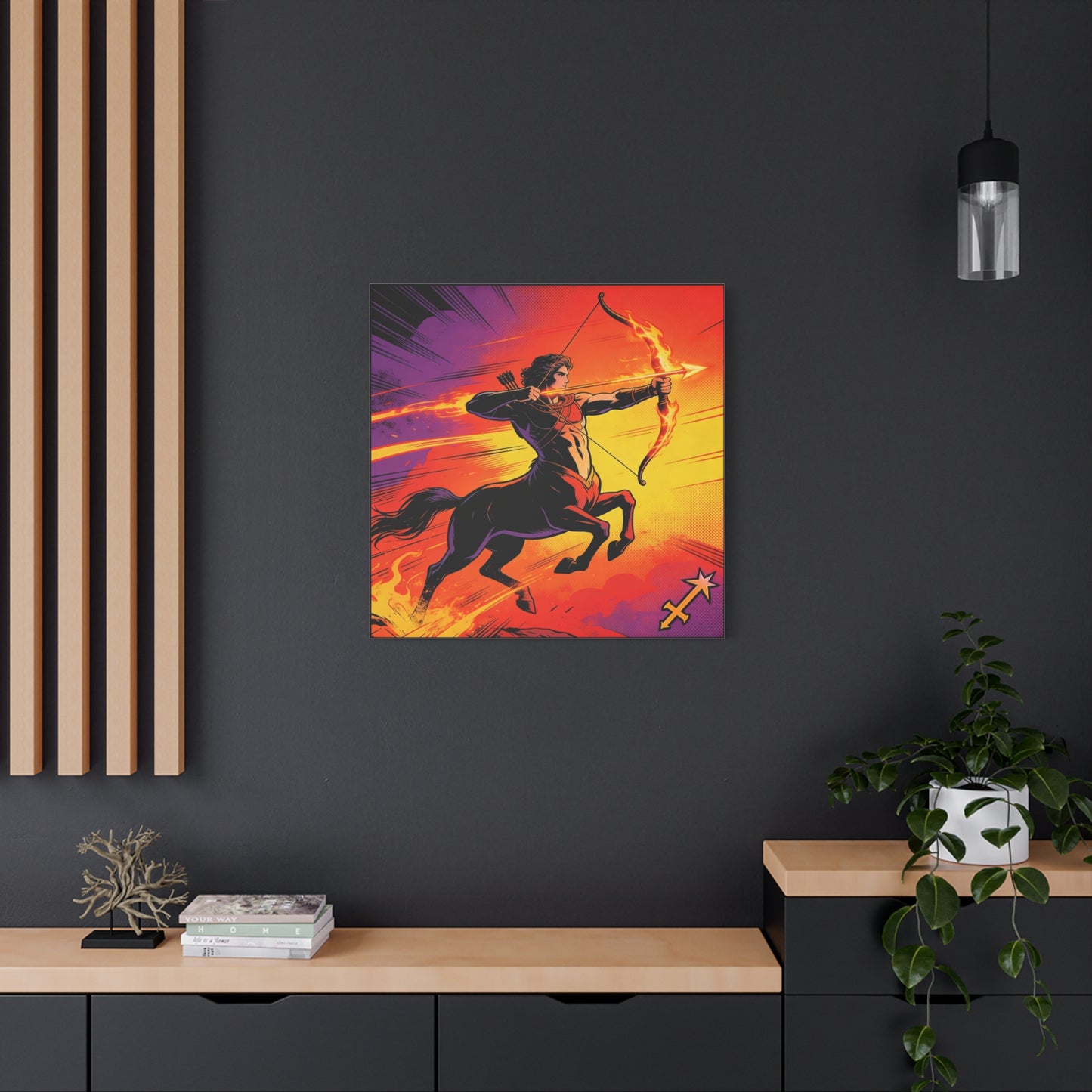 Sagittarius Centaur Archer Canvas Wall Art - Fiery Zodiac Illustration, Bold Mythology Decor - Matte Canvas Print, Modern Pop Art Style - Bedroom Home Decoration, Office Wall Decor - Ready to Hang