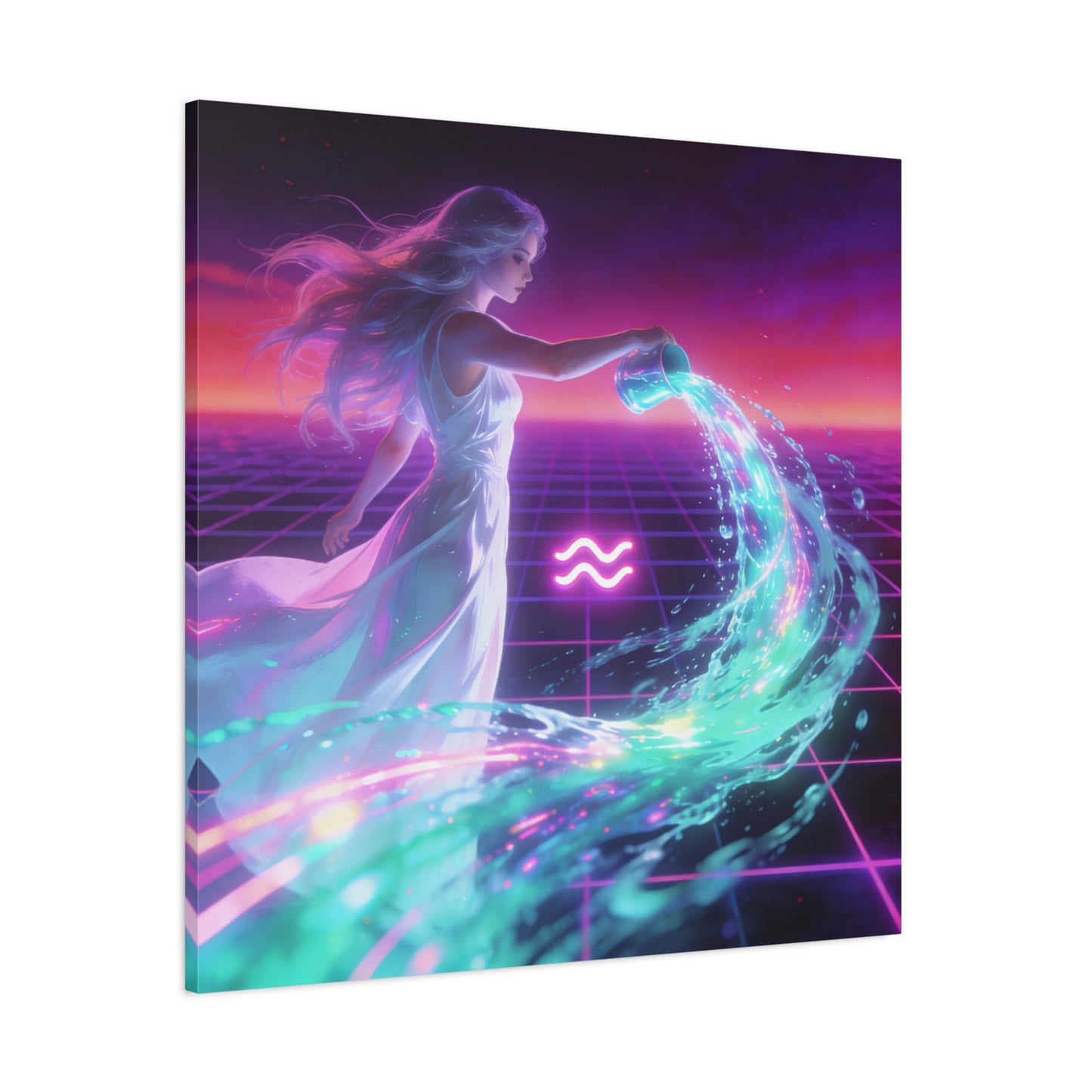 Aquarius Woman Canvas Wall Art - Neon Water Bearer Zodiac Illustration, Retro Synthwave Aesthetic - Matte Canvas Print - Bedroom Wall Decor, Home Office Accent, Mystical Decor - Modern Farmhouse Style