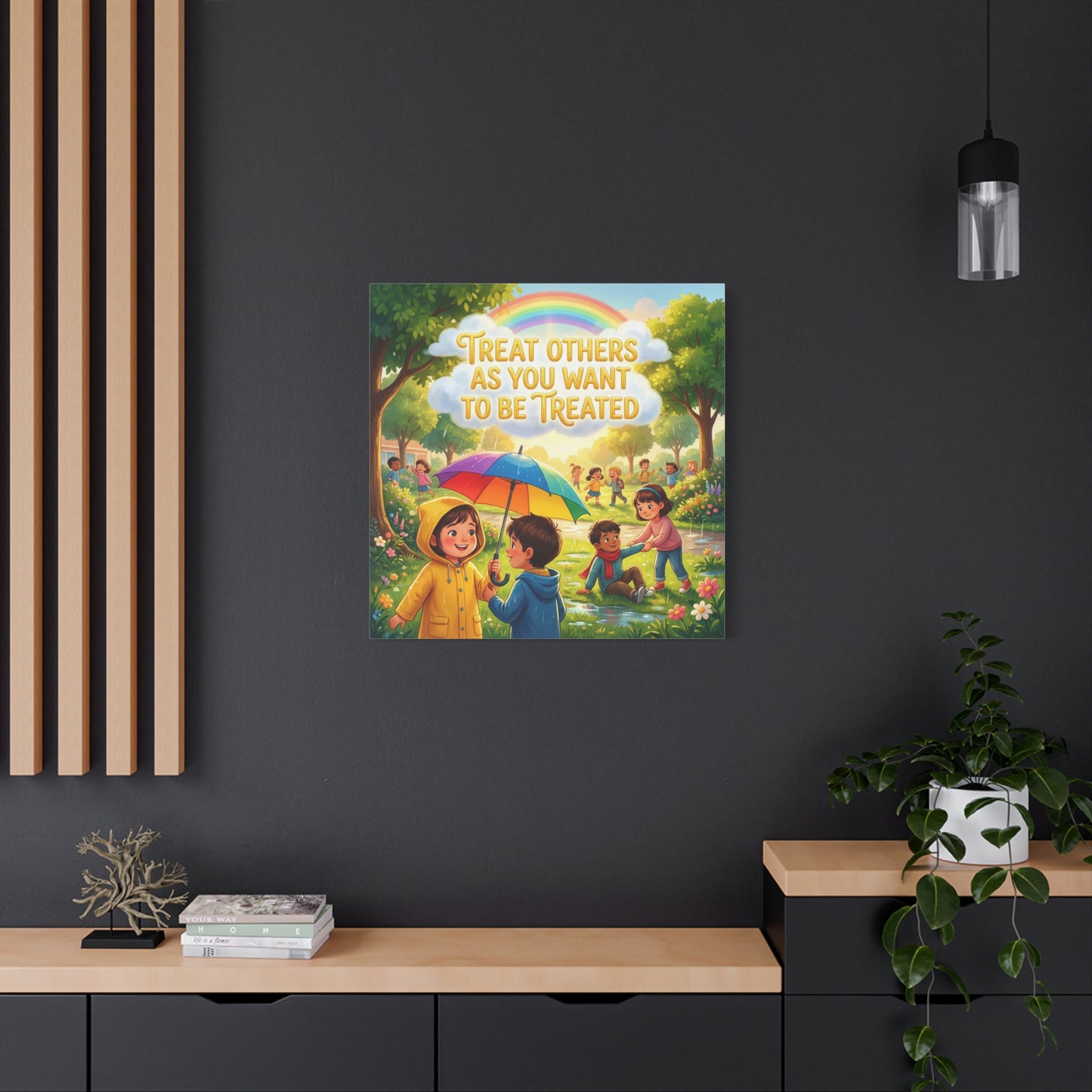"Treat Others As You Want To Be Treated" Kids Canvas Wall Art - Rainbow Umbrella Kindness Quote Print - Colorful Classroom Decor - Nursery Playroom Bedroom Home Decoration - Bohemian Wall Hanging