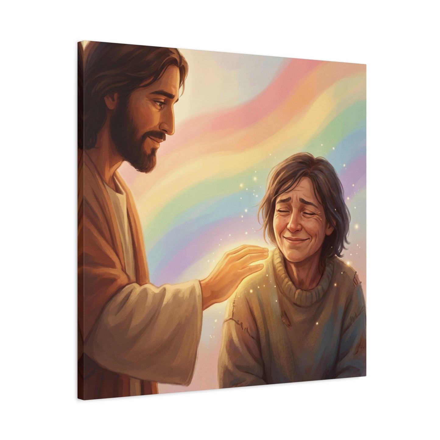Jesus Christ Comforting Woman Canvas Wall Art - Rainbow Christian Wall Decor, Faith Home Decoration - Matte Canvas Print, Inspirational Religious Artwork - Living Room Bedroom Office - Ready to Hang