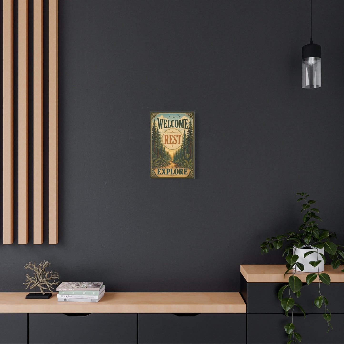 "Welcome Rest Explore" Forest Canvas Art Print - Vintage Pine Path Landscape Decor - Rustic Cabin Style, Nature Home Accent, Entryway Decoration, Lodge Interior Piece - Living Room Wall Decor