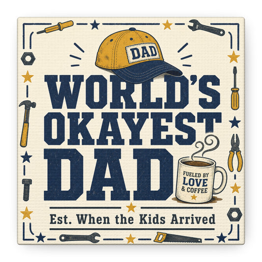 "World's Okayest Dad" Canvas Wall Art - Funny Dad Quote Print, Tool Theme Workshop Decor, Rustic Typography Home Decoration, Man Cave Office Wall Hanging - Bedroom Home Decoration - Ready to Hang