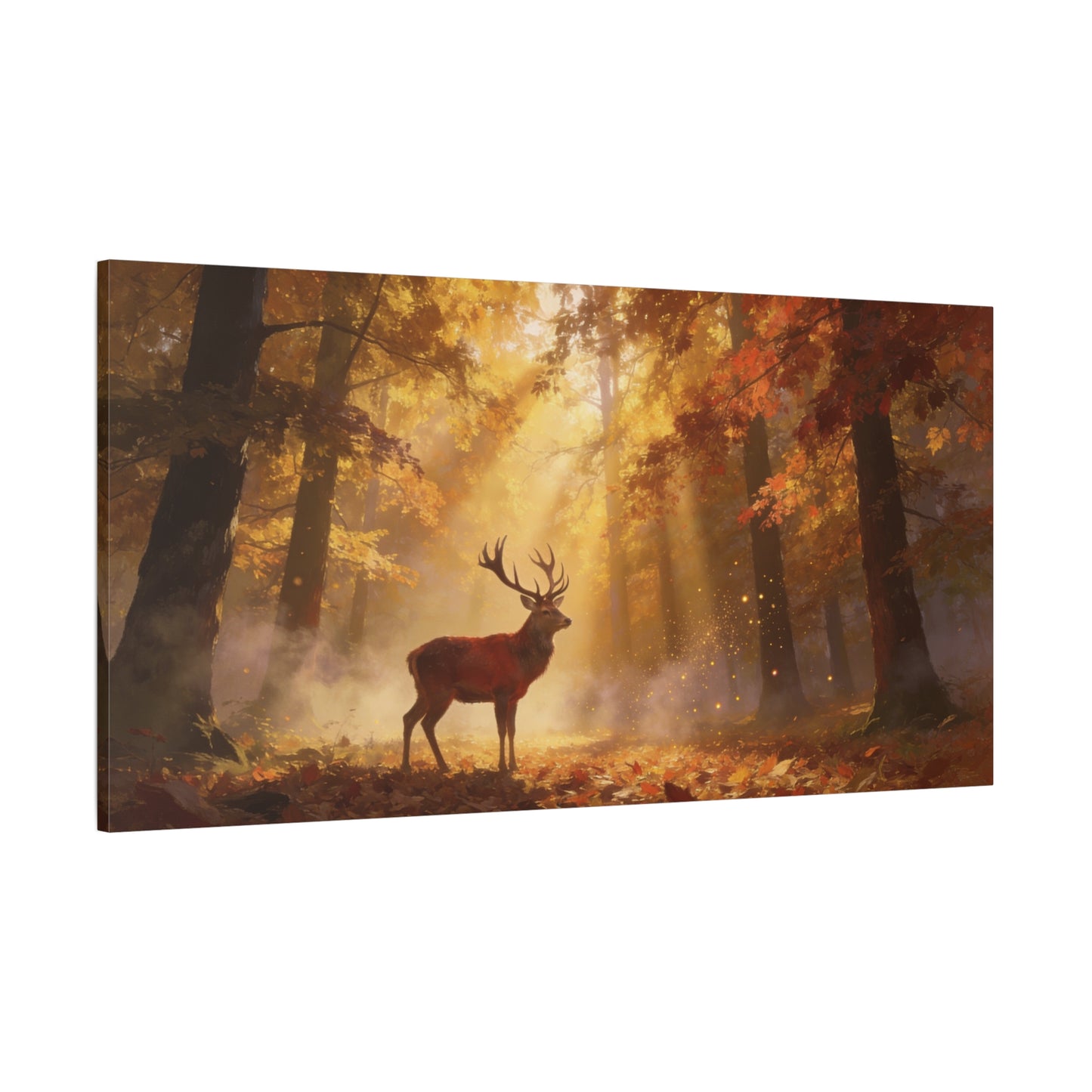 Stag Forest Canvas Wall Art - Golden Sunbeams, Misty Autumn Woodland - Matte Canvas Print - Rustic Nature Style - Living Room Wall Decor, Bedroom Home Decoration, Office Art - Bedroom Home Decoration
