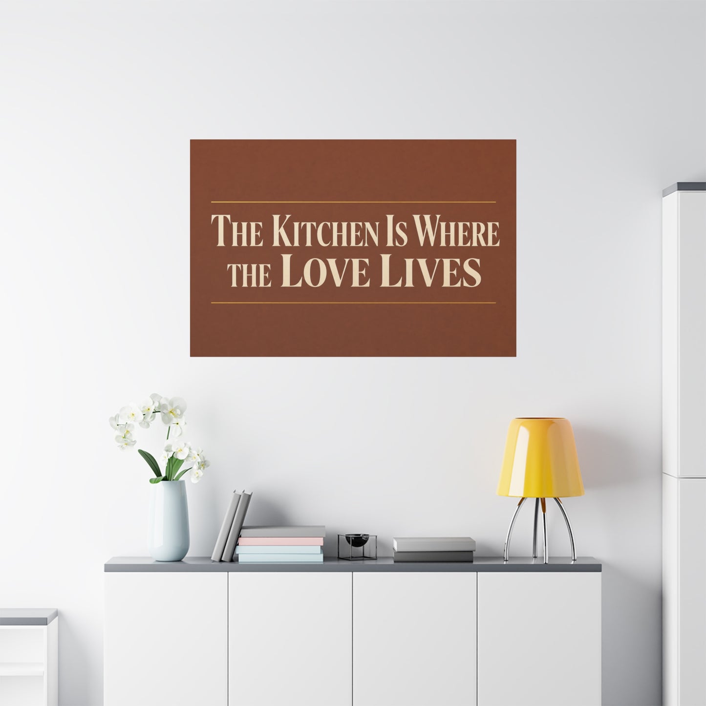 "The Kitchen Is Where The Love Lives" Canvas Wall Art - Typography Kitchen Decor, Brown Minimalist Quote Print, Farmhouse Dining Room Decoration - Living Room Wall Decor - Bedroom Home Decoration