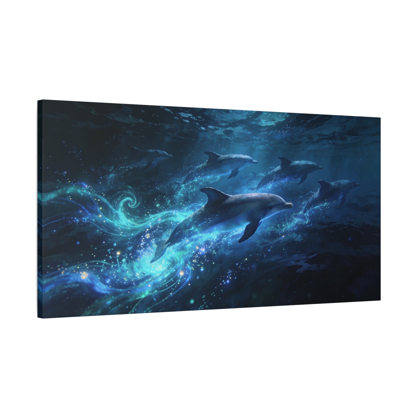 Dolphin Pod Canvas Wall Art - Glowing Underwater Ocean Scene, Blue Fantasy Marine Print - Matte Cotton Artwork - Coastal Style Living Room Wall Decor, Bedroom Home Decoration - Bedroom Home Decoration
