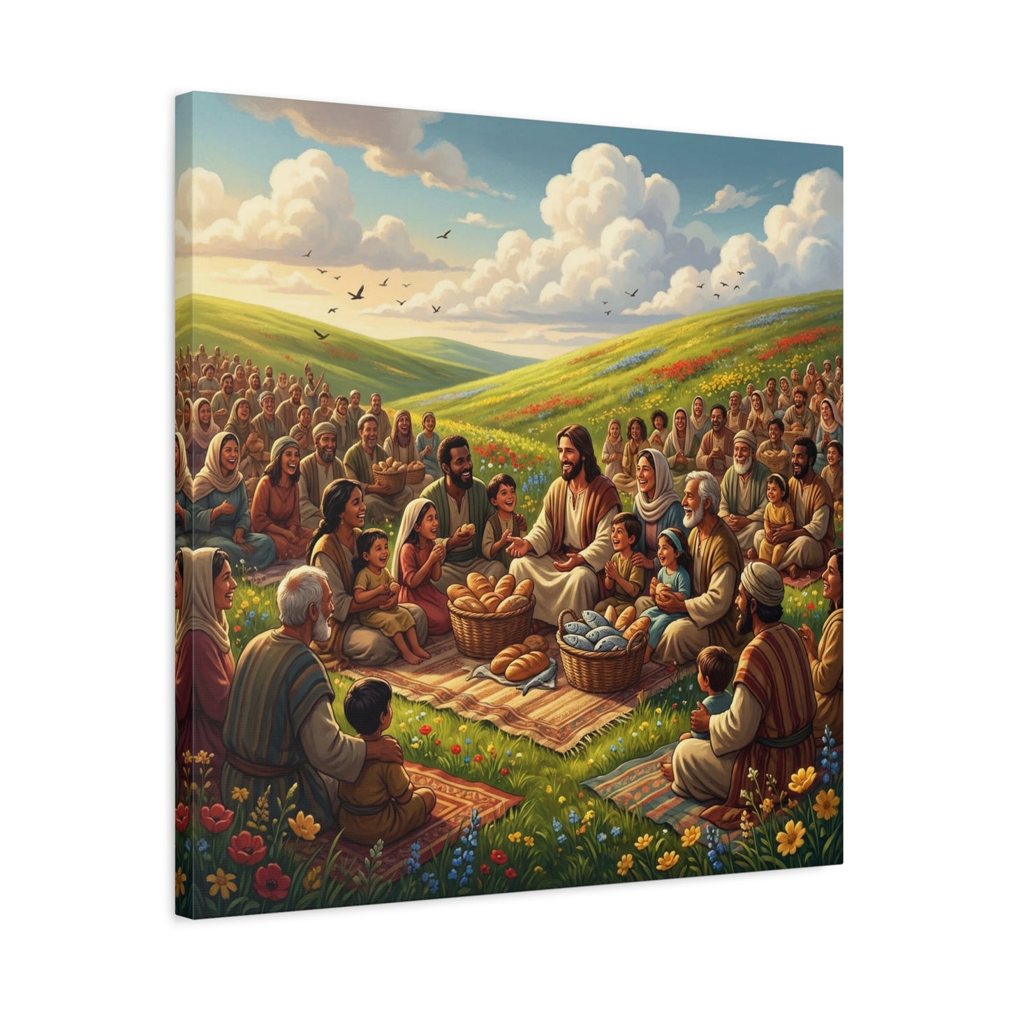 Jesus Feeding The Multitude Canvas Wall Art - Bread And Fish Biblical Scene - Meadow Landscape Christian Home Decor - Matte Cotton Print For Living Room, Bedroom, Office, Meditation Space