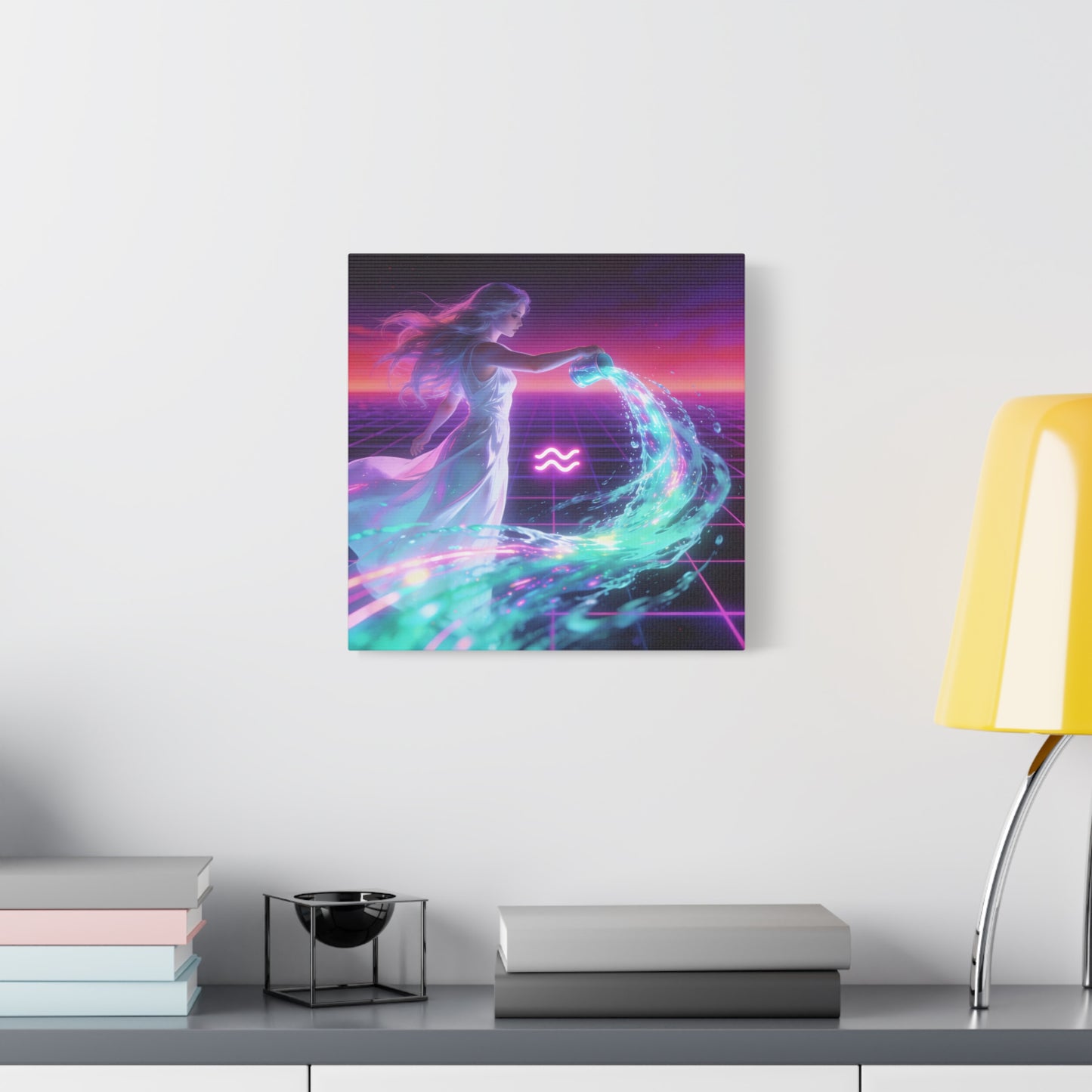 Aquarius Woman Canvas Wall Art - Neon Water Bearer Zodiac Illustration, Retro Synthwave Aesthetic - Matte Canvas Print - Bedroom Wall Decor, Home Office Accent, Mystical Decor - Modern Farmhouse Style