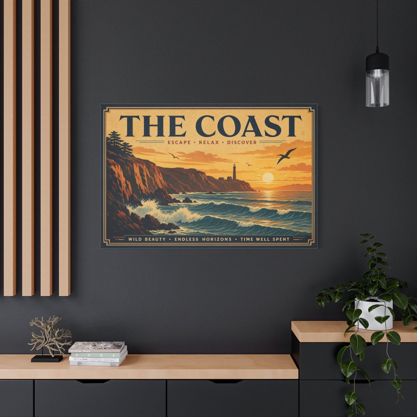 "The Coast" Coastal Canvas Wall Art - Vintage Lighthouse Sunset Ocean Waves Print - Retro Seascape Home Decor, Nautical Living Room Wall Decor - Modern Farmhouse Style - Bedroom Home Decoration