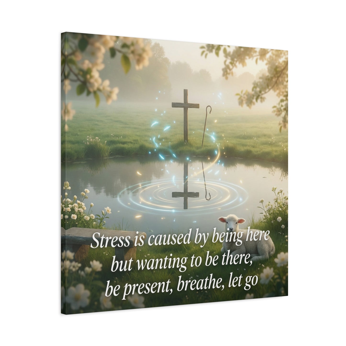 "Stress is caused by being here but wanting to be there, be present, breathe, let go" Cross Canvas Wall Art - Christian Inspirational Pond Scene - Traditional Style - Bedroom Wall Decor