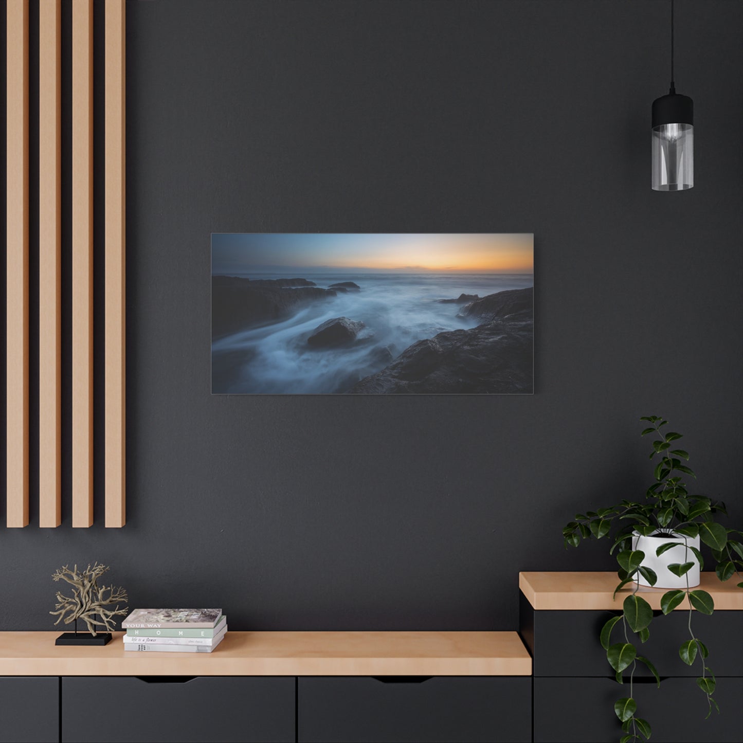 Rocky Ocean Seascape Canvas Wall Art - Long Exposure Coastal Sunset Art Print, Blue Water And Dark Stone Shoreline - Contemporary Matte Canvas Print - Living Room Bedroom Office Decor