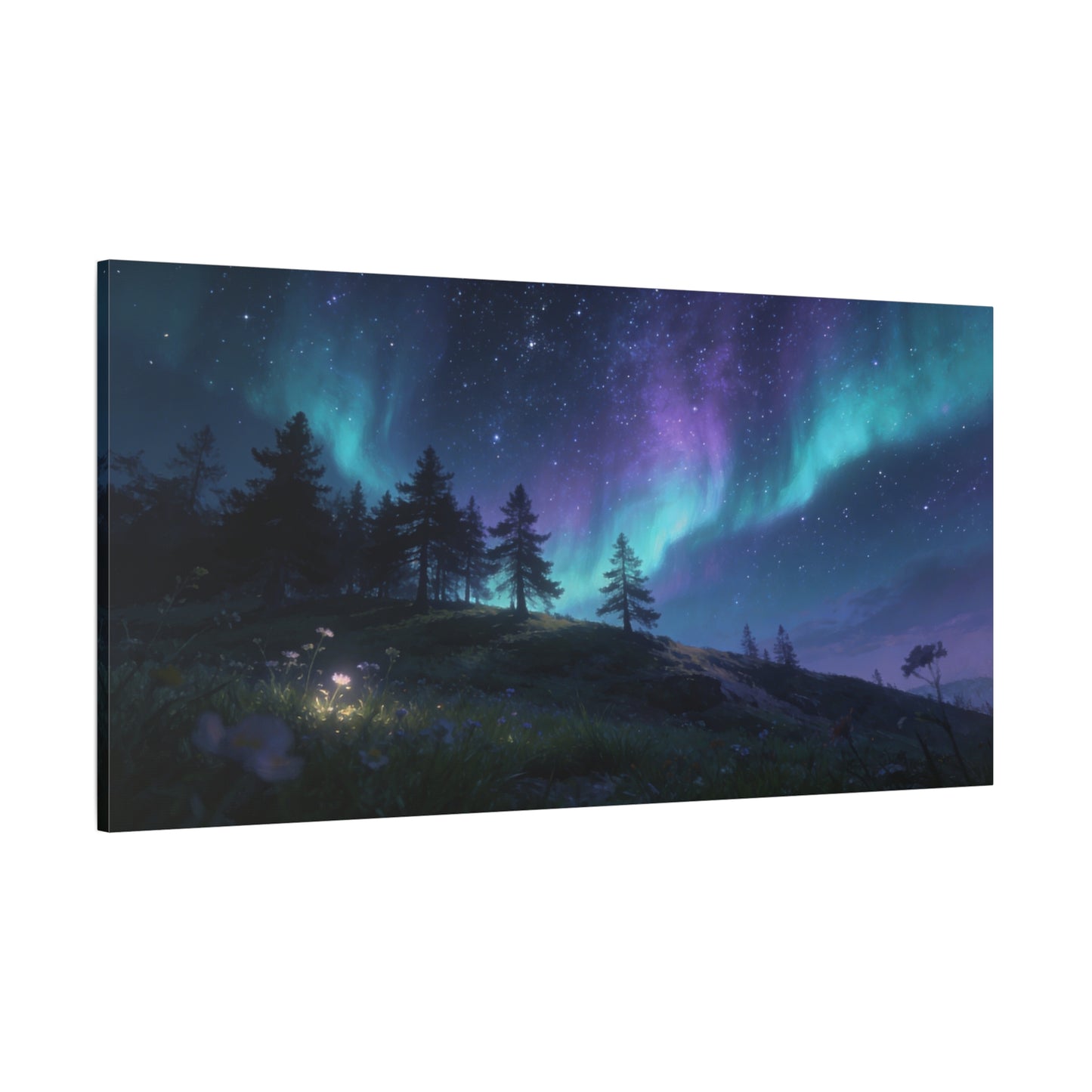 Northern Lights Canvas Wall Art - Aurora Borealis Night Sky Landscape Print, Starry Forest Meadow, Calming Contemporary Decor - Living Room Wall Decor, Bedroom Home Decoration - Modern Farmhouse Style