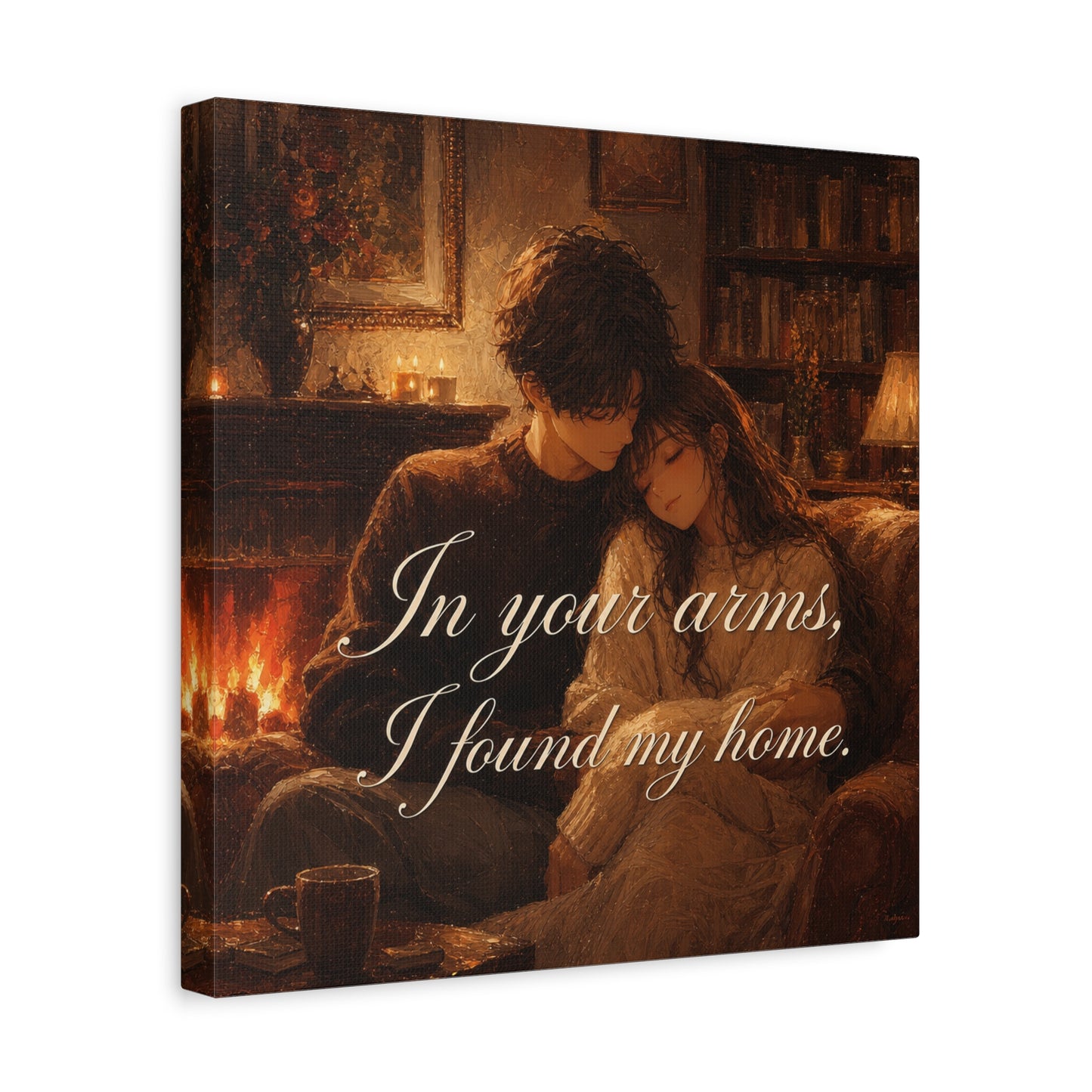 "In Your Arms, I Found My Home" Romantic Couple Canvas Wall Art - Cozy Fireplace Library Scene, Warm Vintage Style - Bedroom Home Decoration, Living Room Accent - Ready to Hang - Office Wall Art