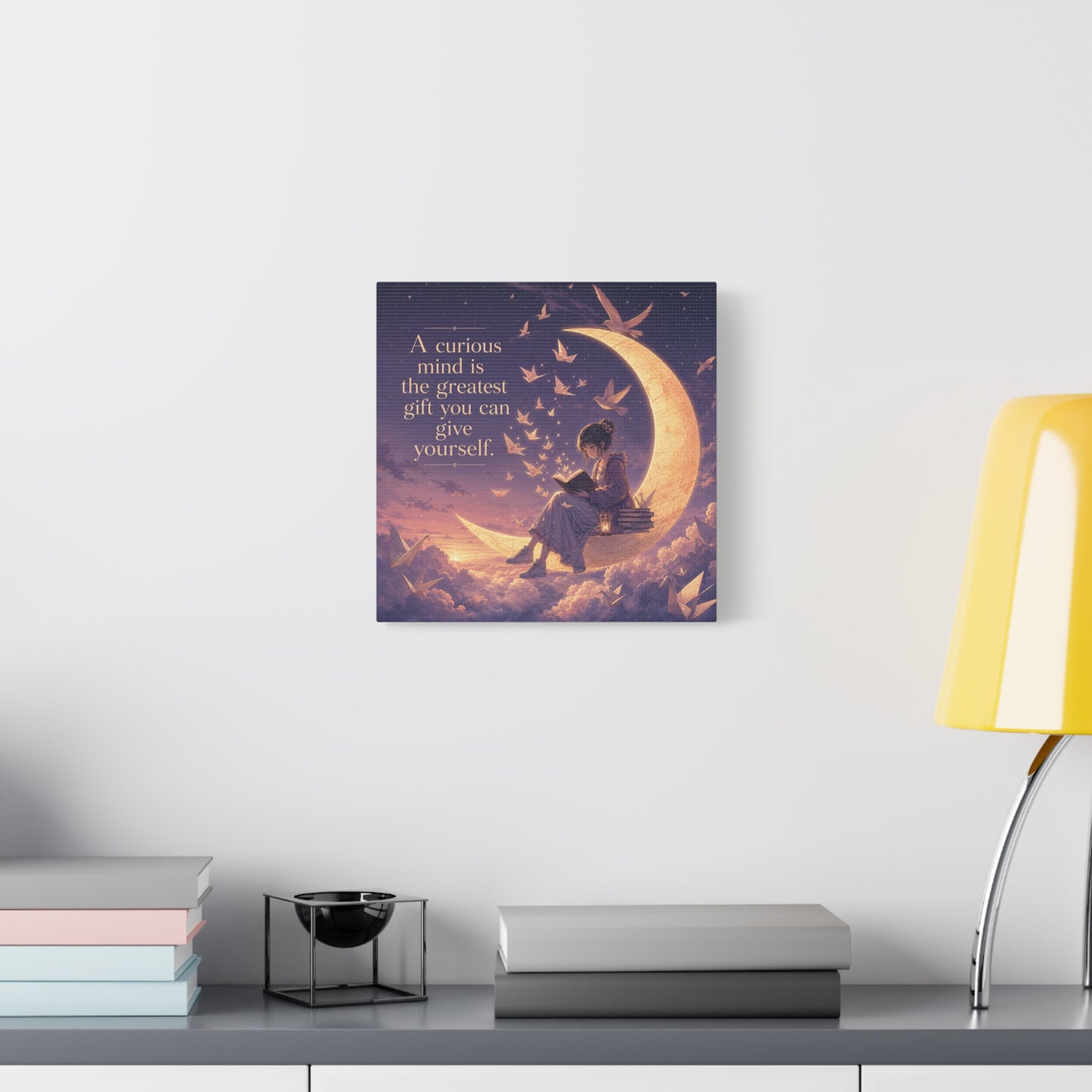 "A Curious Mind Is The Greatest You Can Give Yourself" Canvas Wall Art - Moon Reading Girl Quote Print, Dreamy Celestial Illustration - Bedroom Wall Decor, Home Office Accent - Ready to Hang