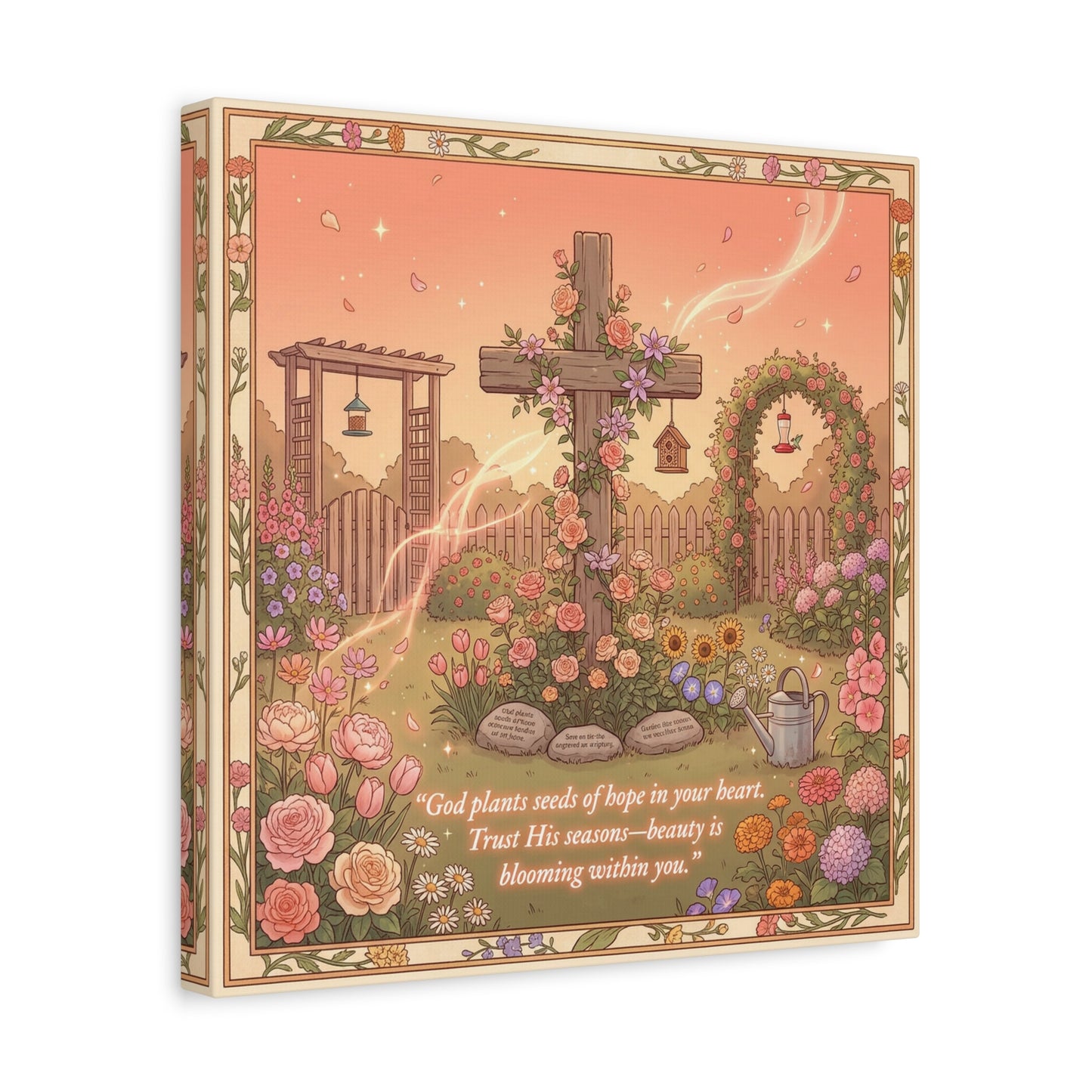 "God Plants Seeds Of Hope In Your Heart" Christian Canvas Wall Art - Floral Cross Garden Scripture Print, Matte Cotton Decor - Inspirational Bedroom Home Decoration, Living Room Accent - Ready to Hang
