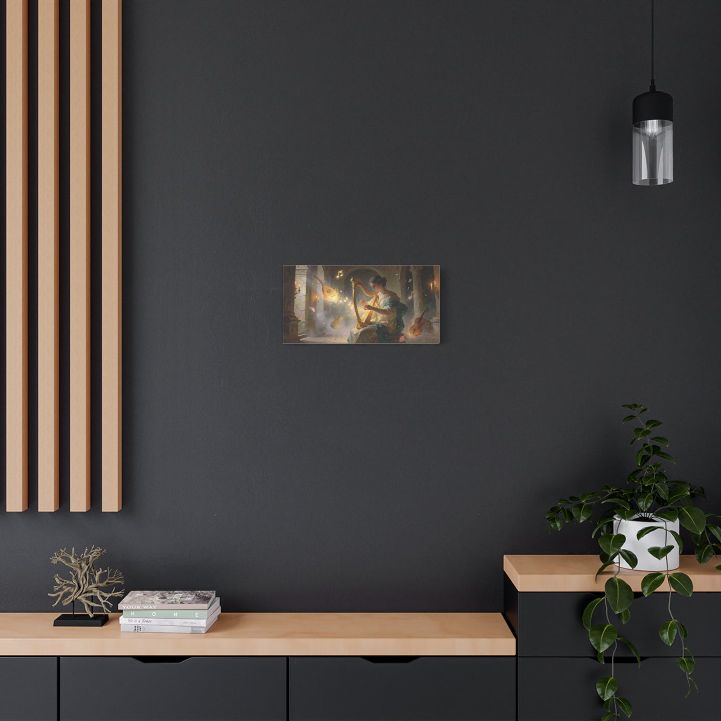 Woman Playing Harp Canvas Wall Art - Romantic Music Painting, Glowing Notes, Violin And Lute - Matte Cotton Print - Traditional Style, Living Room Wall Decor, Bedroom Accent - Bedroom Home Decoration