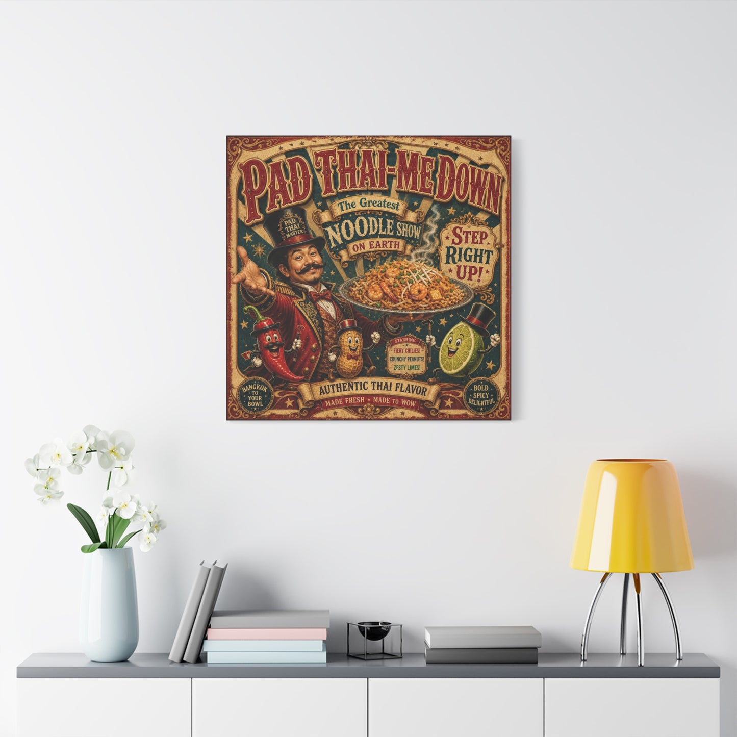 "Pad Thai-Me Down" Canvas Wall Art - Vintage Circus Noodle Poster, Typography Illustration, Whimsical Restaurant Decor, Cafe Wall Decor, Retro Kitchen Accent, Matte Canvas Print - Ready to Hang