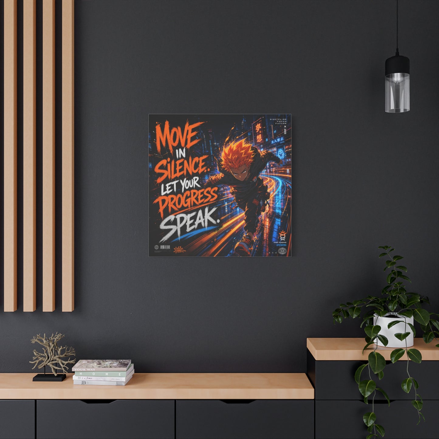 "Move In Silence Let Your Progress Speak" Anime Canvas Wall Art - Cyberpunk Runner Motivational Quote Print, Neon City Street Illustration - Teen Bedroom Decor, Home Office Accent - Office Wall Art