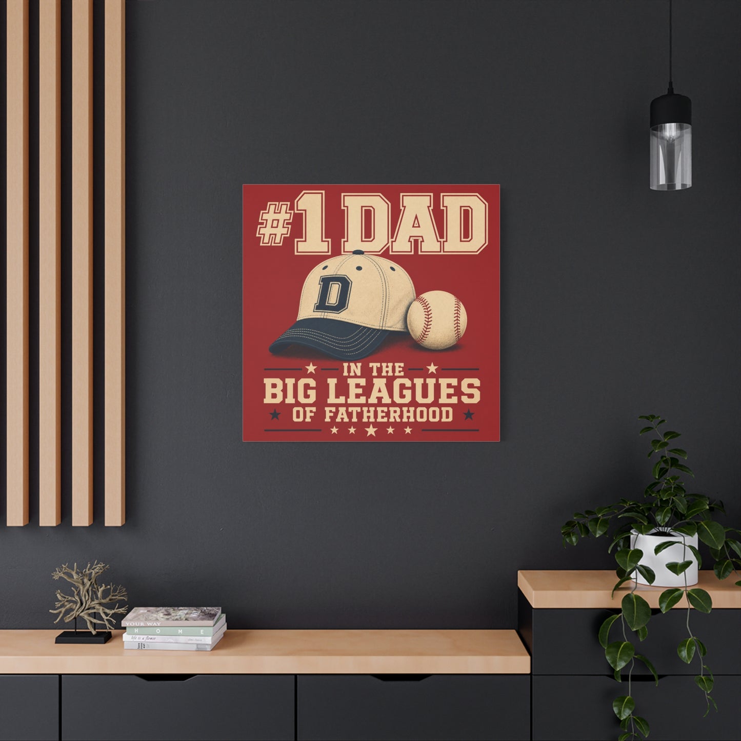 "#1 Dad In The Big Leagues Of Fatherhood" Baseball Canvas Wall Art - Vintage Sports Typography, Cap And Ball Illustration - Rustic Americana Style - Living Room Wall Decor - Bedroom Home Decoration