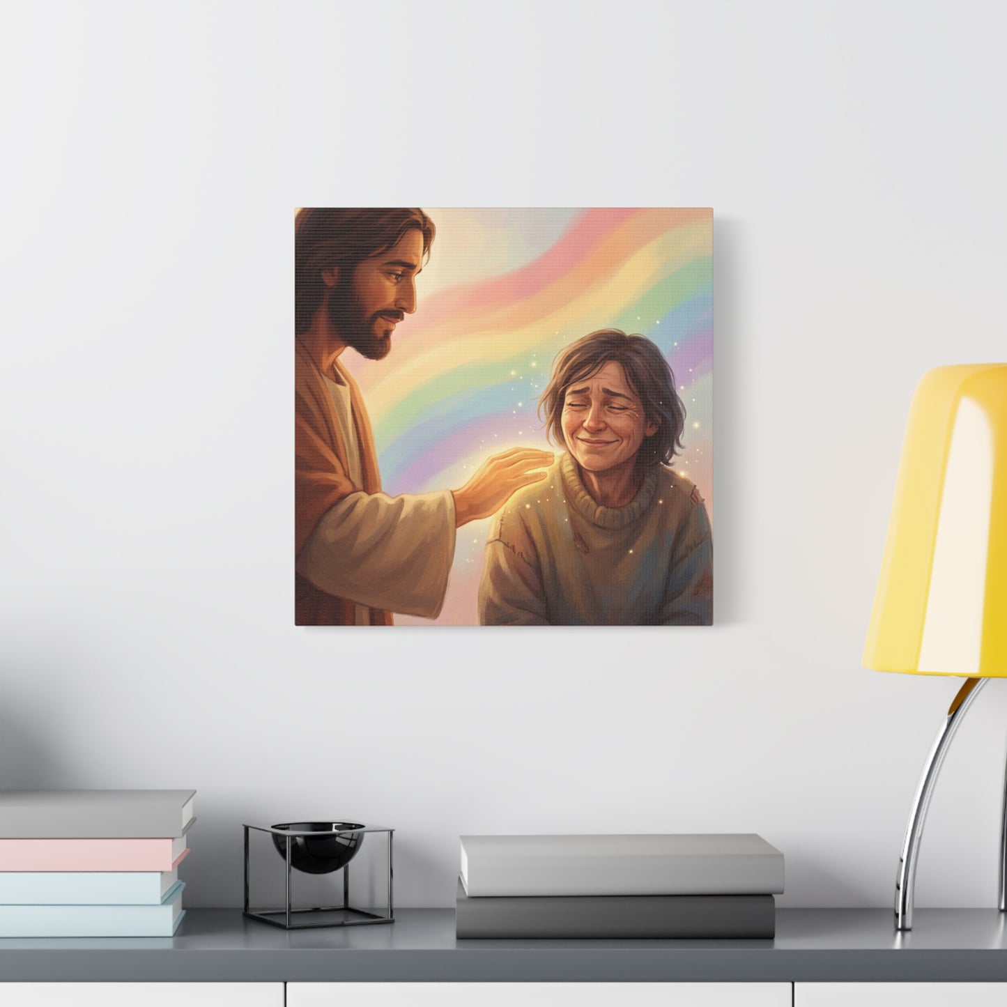 Jesus Christ Comforting Woman Canvas Wall Art - Rainbow Christian Wall Decor, Faith Home Decoration - Matte Canvas Print, Inspirational Religious Artwork - Living Room Bedroom Office - Ready to Hang