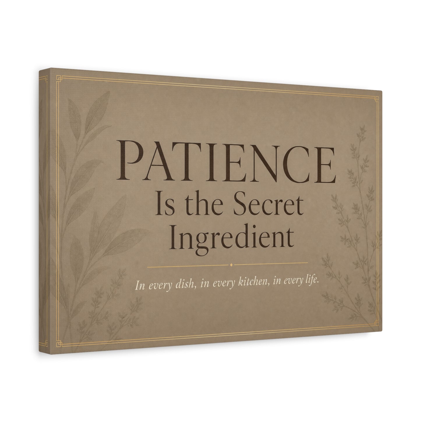 "Patience Is The Secret Ingredient" Kitchen Canvas Wall Art - Neutral Typography Print, Farmhouse Style - Beige Botanical Quote Decor - Dining Room, Kitchen Wall Hanging - Bedroom Home Decoration