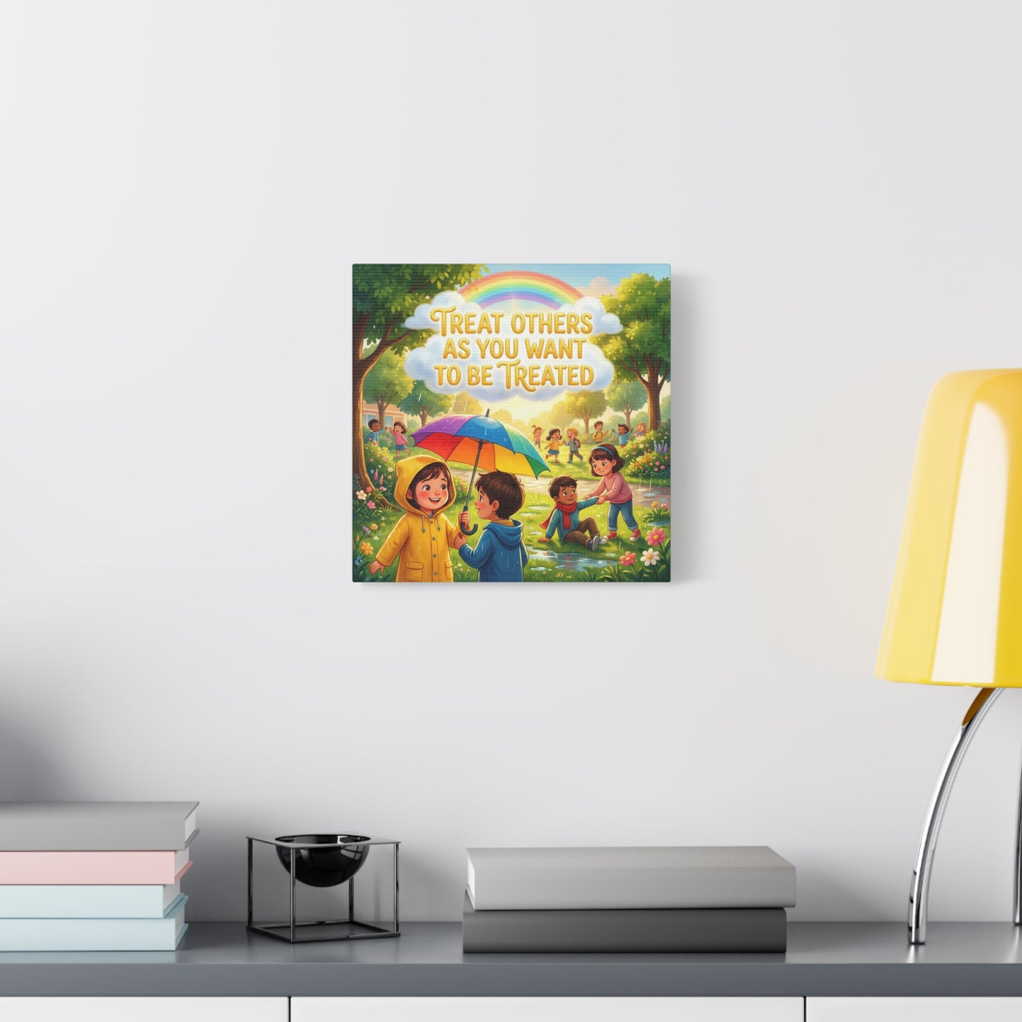 "Treat Others As You Want To Be Treated" Kids Canvas Wall Art - Rainbow Umbrella Kindness Quote Print - Colorful Classroom Decor - Nursery Playroom Bedroom Home Decoration - Bohemian Wall Hanging