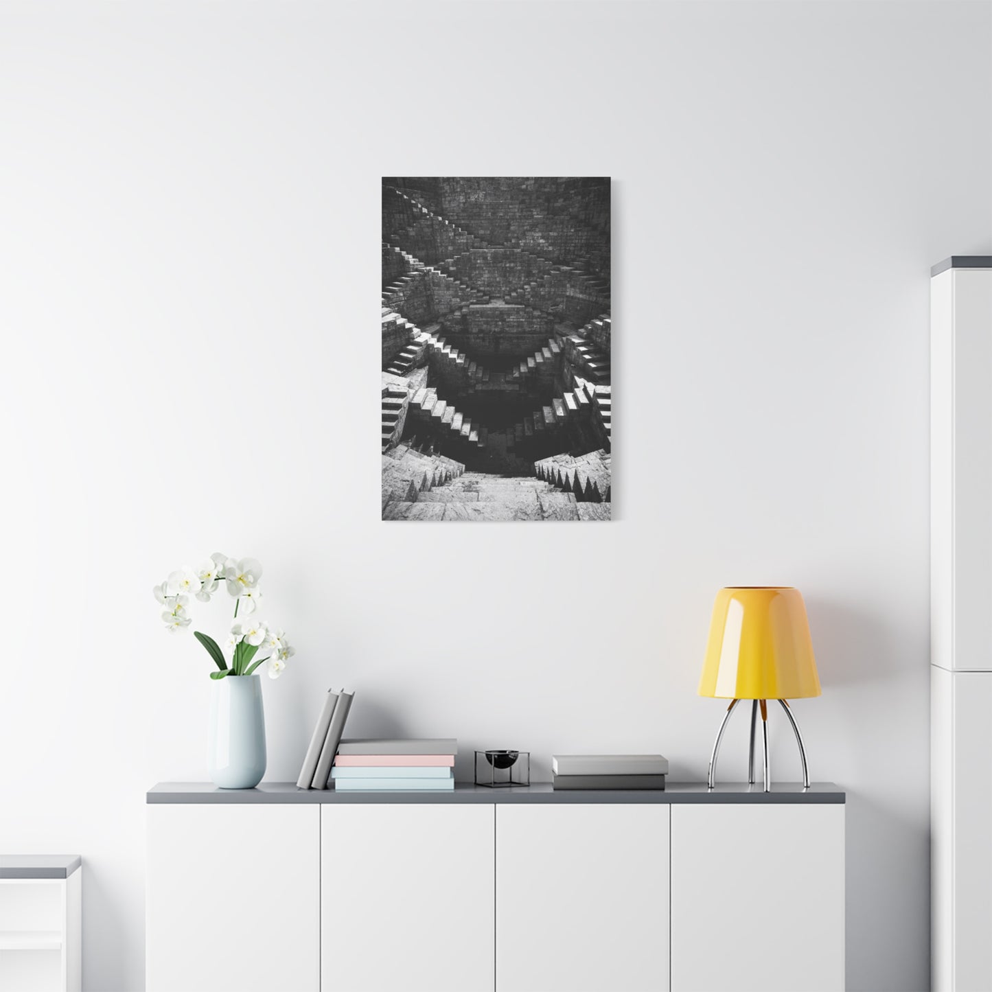 Black And White Stepwell Canvas Wall Art - Architectural Staircase Art Print, Moody Monochrome Stone Geometry - Contemporary Wall Decor For Living Room, Office, Entryway - Ready to Hang
