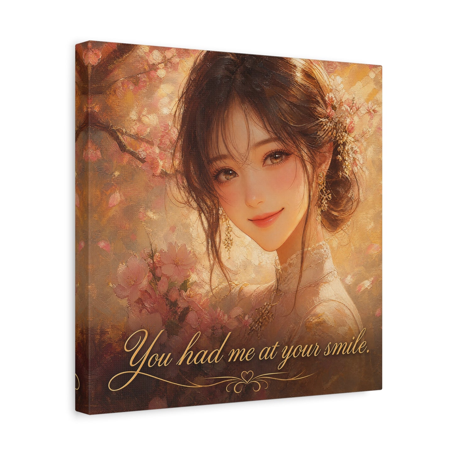 You Had Me At Your Smile Portrait Canvas Wall Art - Romantic Floral Woman Quote Print - Golden Blush Illustration - Traditional Style Living Room Decor - Ready to Hang - Living Room Wall Decor