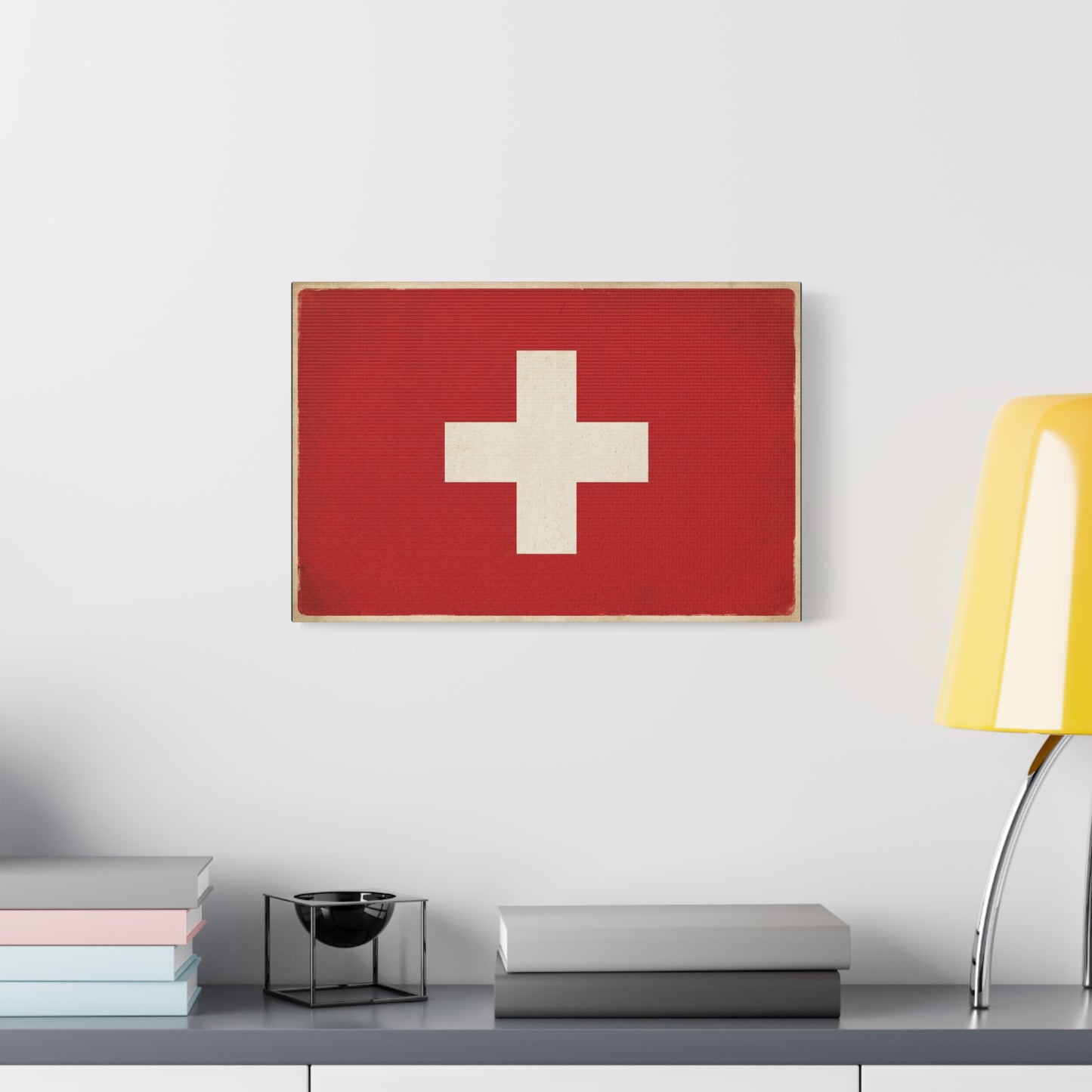 Swiss Flag Canvas Wall Art - Vintage Red White Cross Print, Patriotic Minimalist Decor - Rustic Travel Style - Living Room Wall Decor, Office Art - Bedroom Home Decoration - Bedroom Home Decoration