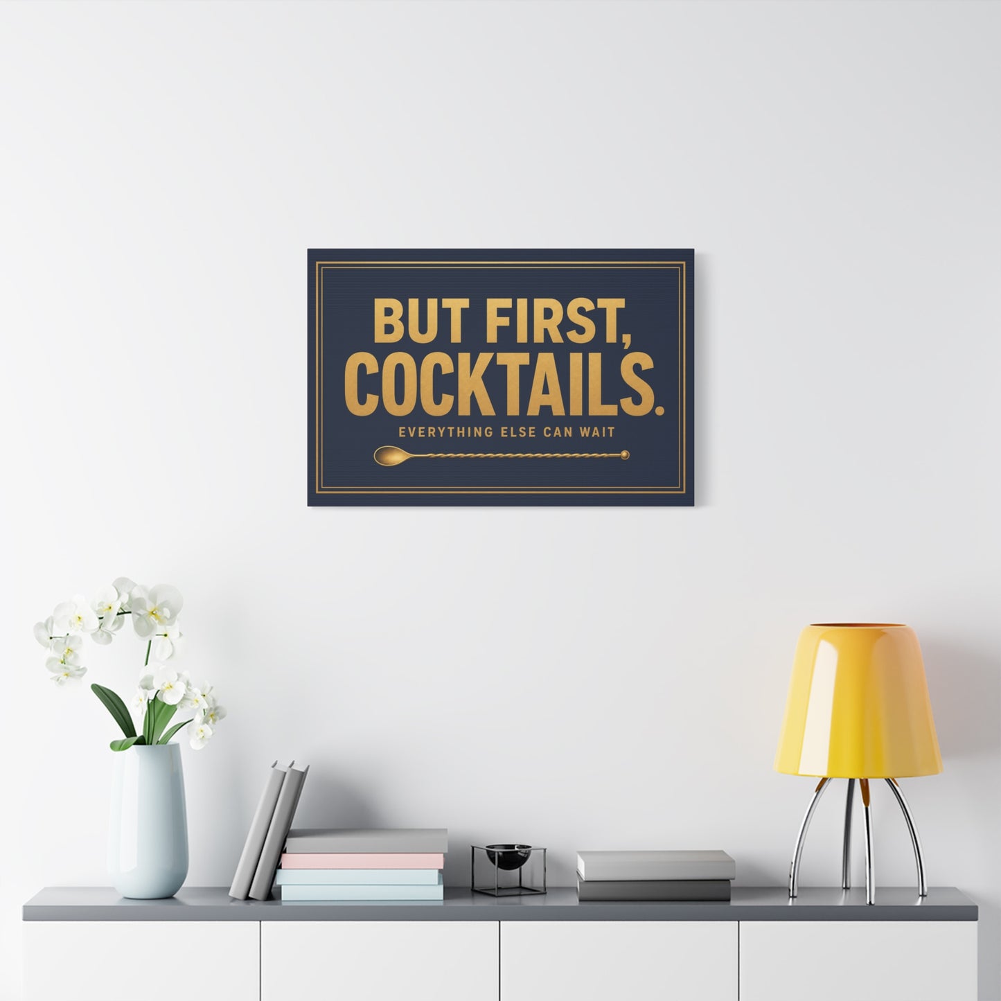 "But First, Cocktails. Everything Else Can Wait" Canvas Wall Art - Navy And Gold Typography Bar Decor - Modern Cocktail Lounge Print - Ready to Hang