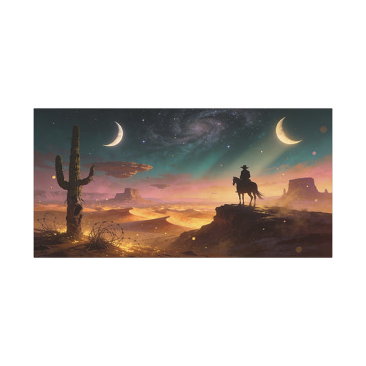Surreal Desert Cowboy Canvas Wall Art - Crescent Moons, Galaxy Sky, Saguaro Silhouette - Matte Cotton Art Print - Contemporary Western Style, Living Room Wall Decor, Office Accent - Ready to Hang