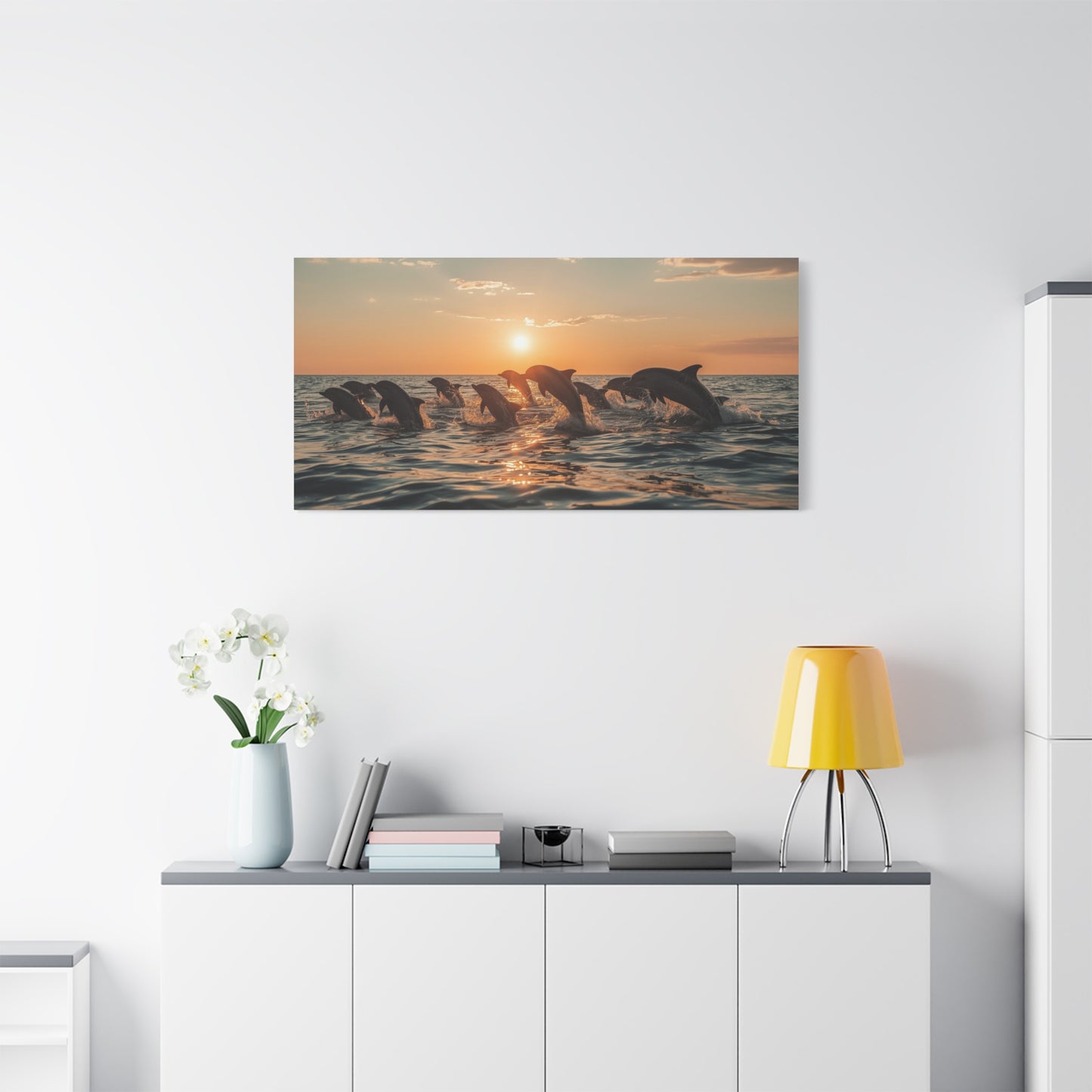 Dolphin Sunset Canvas Wall Art - Ocean Wildlife Art Print, Golden Seascape, Coastal Living Room Wall Decor, Bedroom Home Decoration, Ready to Hang Matte Canvas - Bedroom Home Decoration