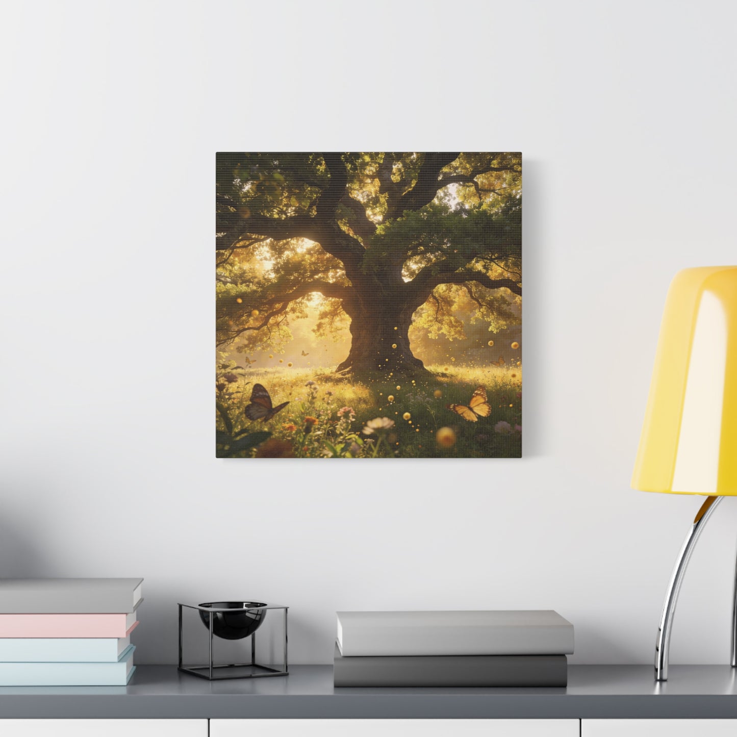 Sunlit Oak Tree Canvas Wall Art - Golden Meadow Butterflies, Nature Landscape Print - Matte Cotton Art Print, Traditional Style - Living Room Wall Decor, Bedroom Home Decoration - Ready to Hang