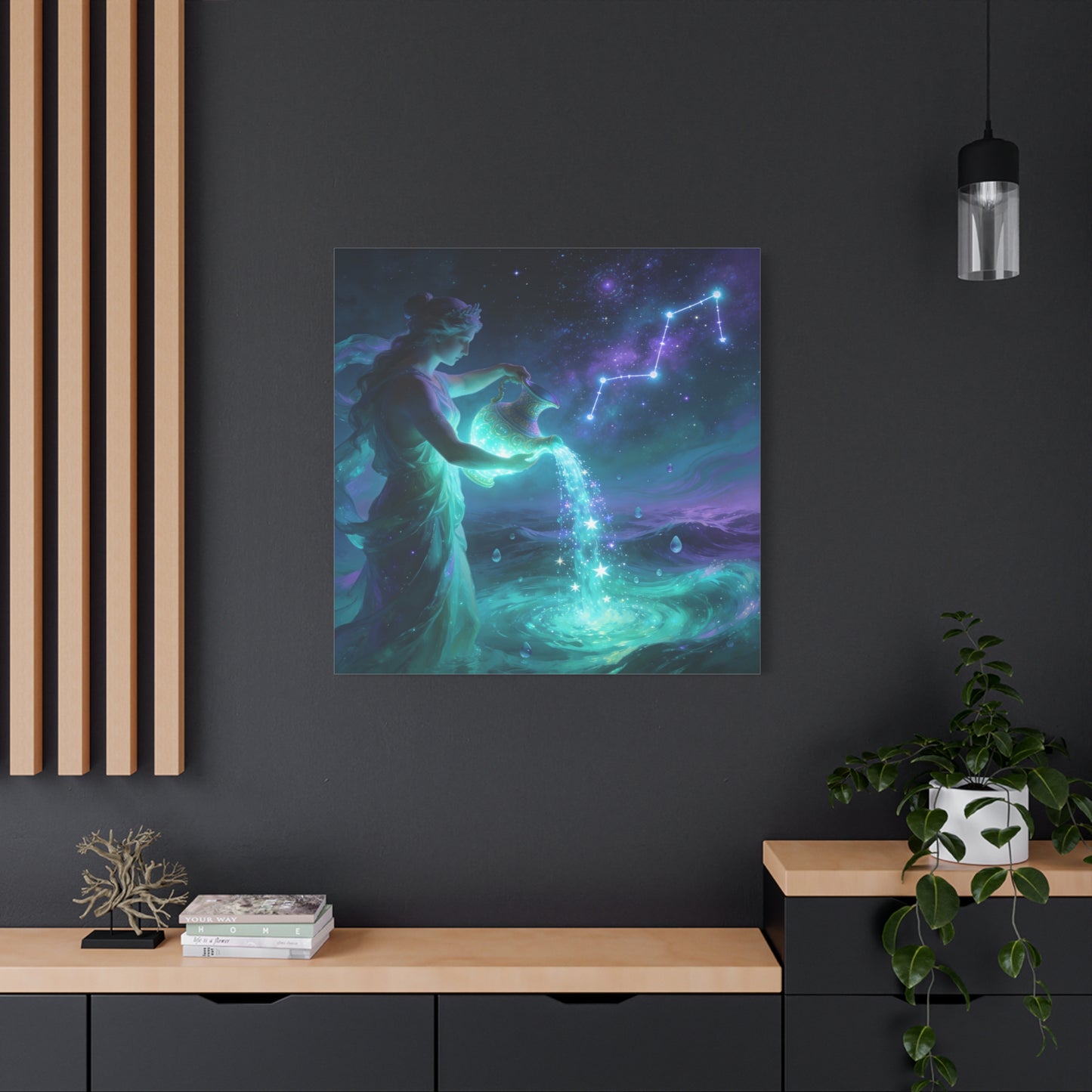 Aquarius Goddess Canvas Wall Art - Zodiac Water Bearer Celestial Galaxy Illustration - Mystical Purple Blue Fantasy Decor - Bedroom Home Decoration, Living Room Wall Decor - Bedroom Home Decoration