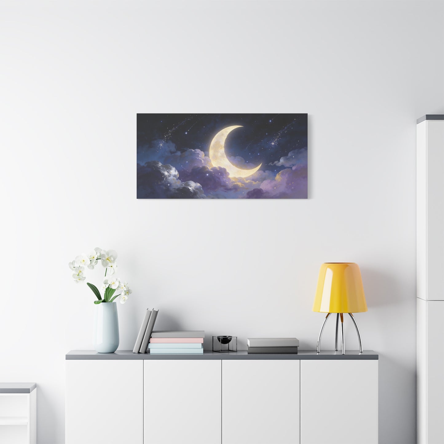 Crescent Moon Canvas Wall Art - Dreamy Night Sky Clouds, Celestial Starry Canvas Print - Contemporary Blue Gold Fantasy Decor - Bedroom Wall Decor, Living Room Home Accent - Bedroom Home Decoration