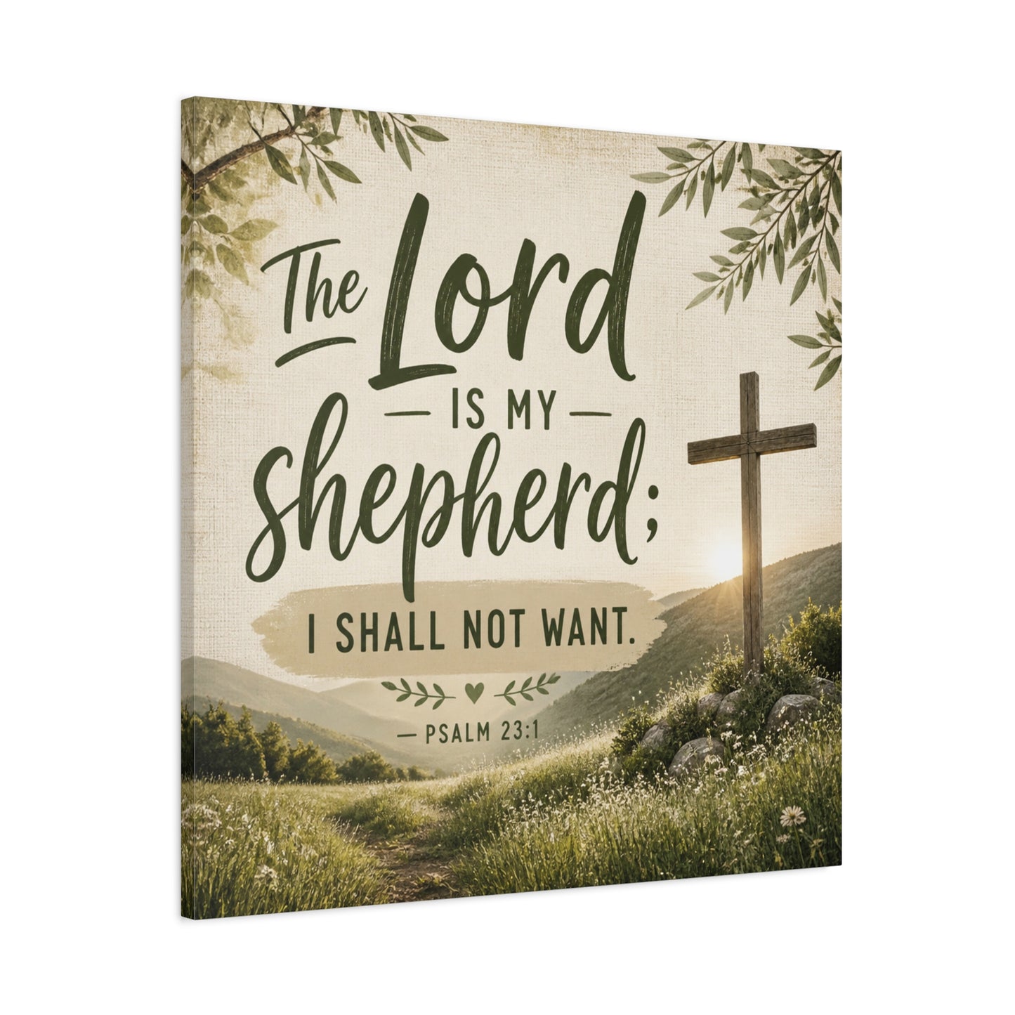 "The Lord Is My Shepherd, I Shall Not Want. - Psalm 23:1" Christian Canvas Wall Art - Rustic Cross Meadow Landscape, Farmhouse Scripture Decor, Bedroom Living Room Wall Hanging - Ready to Hang