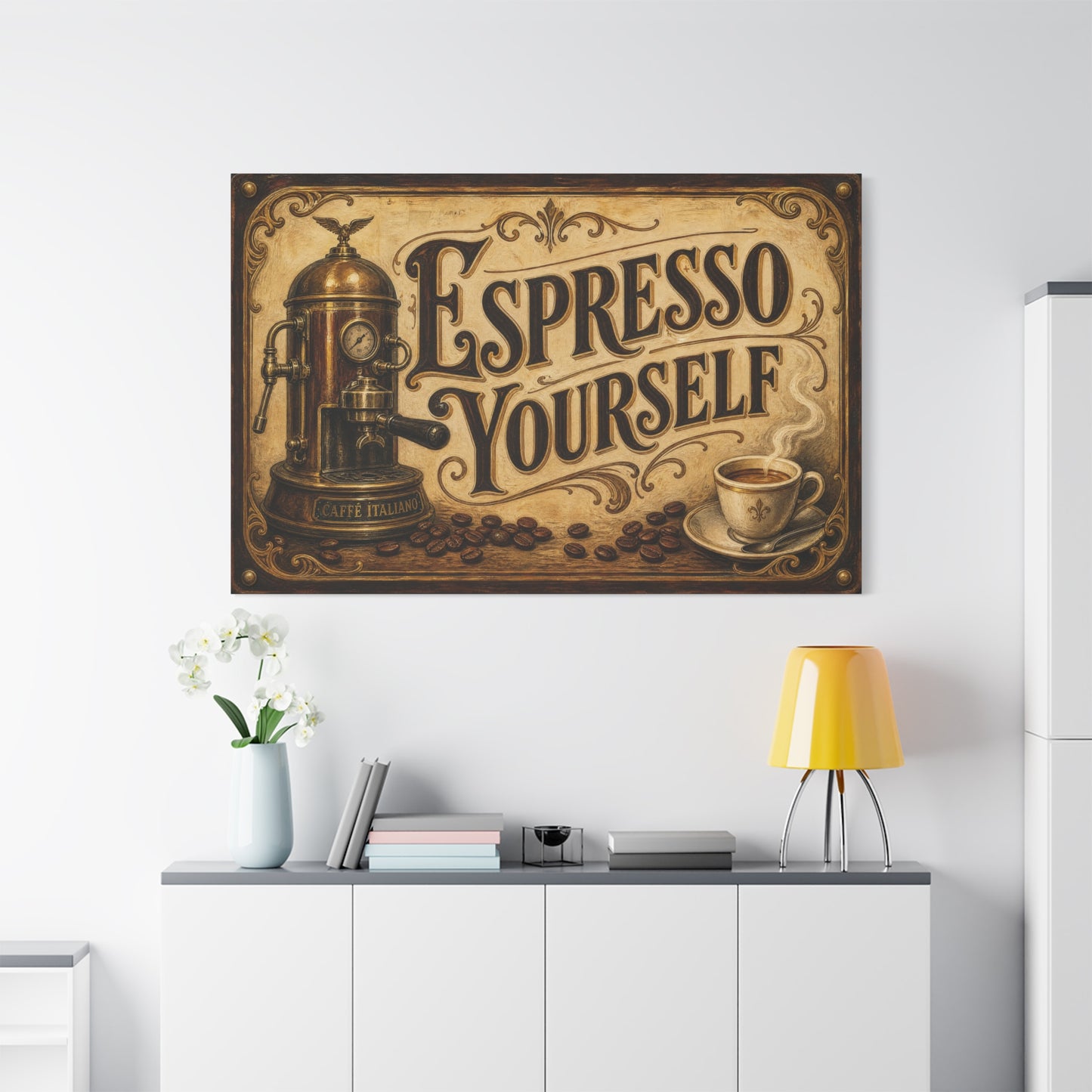 "Espresso Yourself" Coffee Canvas Wall Art - Vintage Espresso Machine, Cafe Decor - Matte Cotton Print, Rustic Farmhouse Style - Ready to Hang - Coffee Shop Decor - Cafe Wall Art - Matte Finish Print