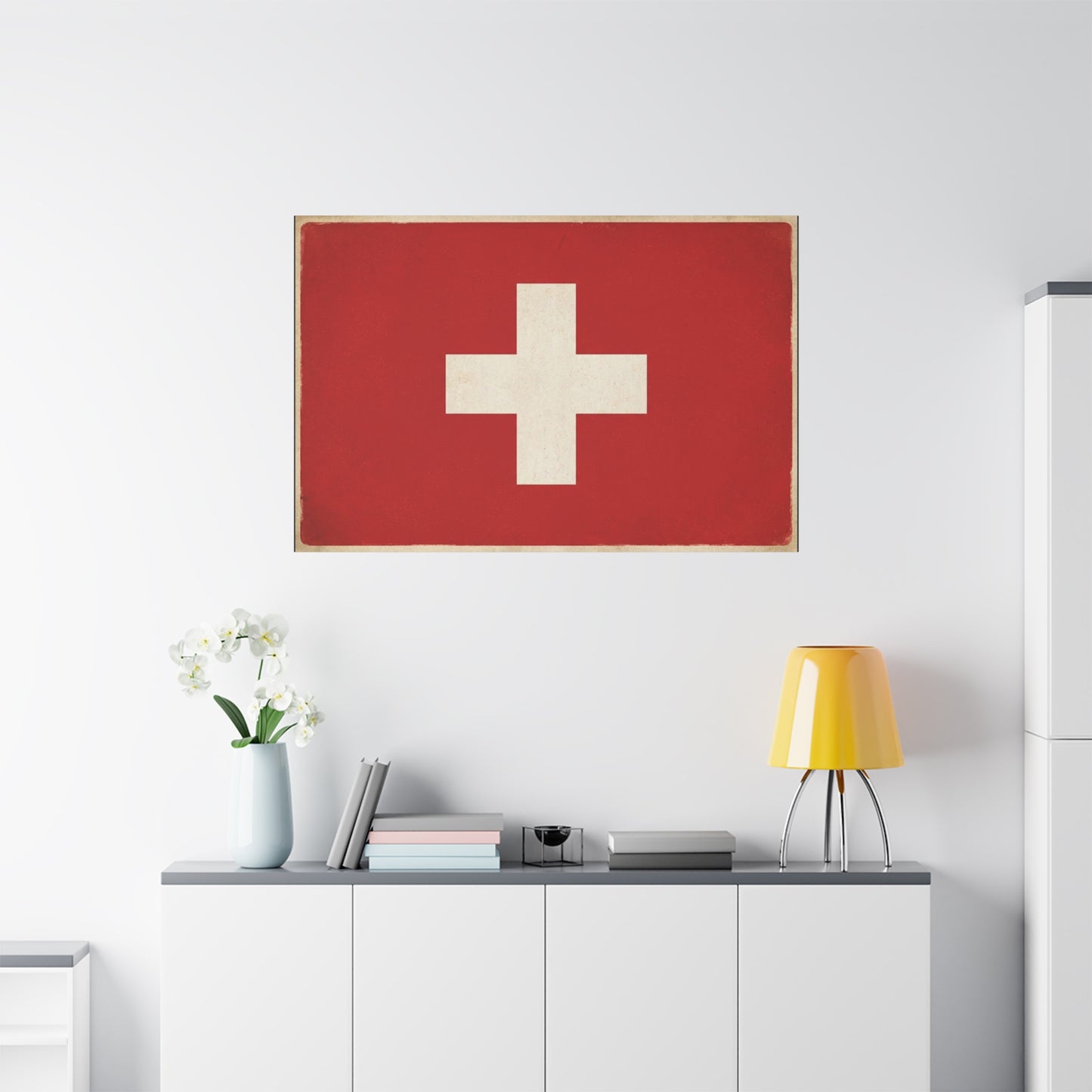 Swiss Flag Canvas Wall Art - Vintage Red White Cross Print, Patriotic Minimalist Decor - Rustic Travel Style - Living Room Wall Decor, Office Art - Bedroom Home Decoration - Bedroom Home Decoration