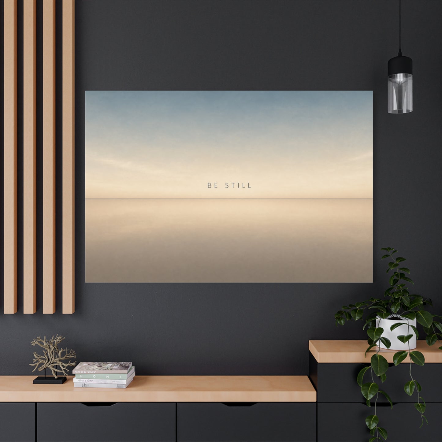 "Be Still" Minimalist Canvas Wall Art - Serene Horizon Typography Print, Neutral Blue Beige Coastal Style - Bedroom Wall Decor, Meditation Space Home Decoration - Ready to Hang - Cozy Reading Nook Art