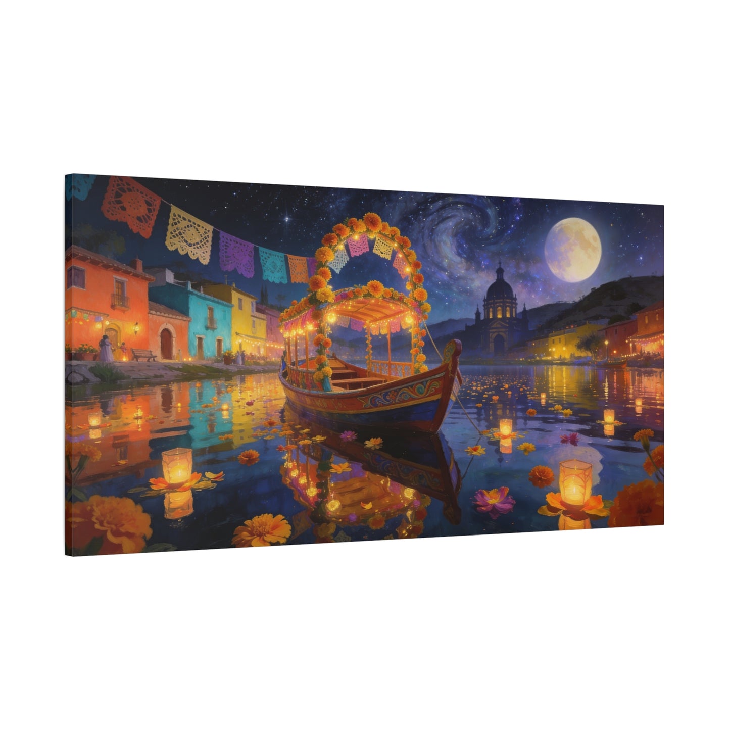 Moonlit Marigold Boat Canvas Wall Art - Colorful Festival Lake Scene, Full Moon Night Sky - Matte Cotton Art Print - Bohemian Living Room Wall Decor, Bedroom Home Decoration - Bedroom Home Decoration
