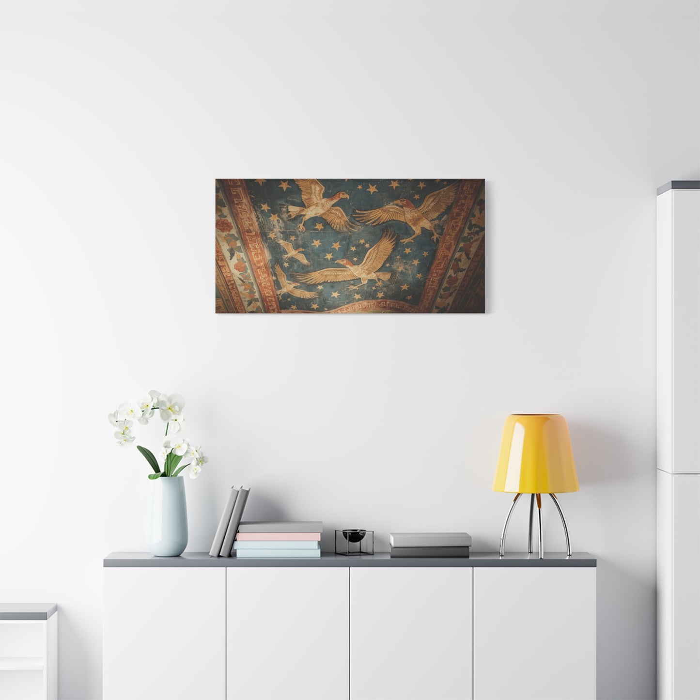 Ancient Eagle Ceiling Fresco Canvas Wall Art - Starry Bird Mural Print, Classical Blue And Gold Illustration - Vintage Traditional Style - Living Room Wall Decor Office Art - Bedroom Home Decoration