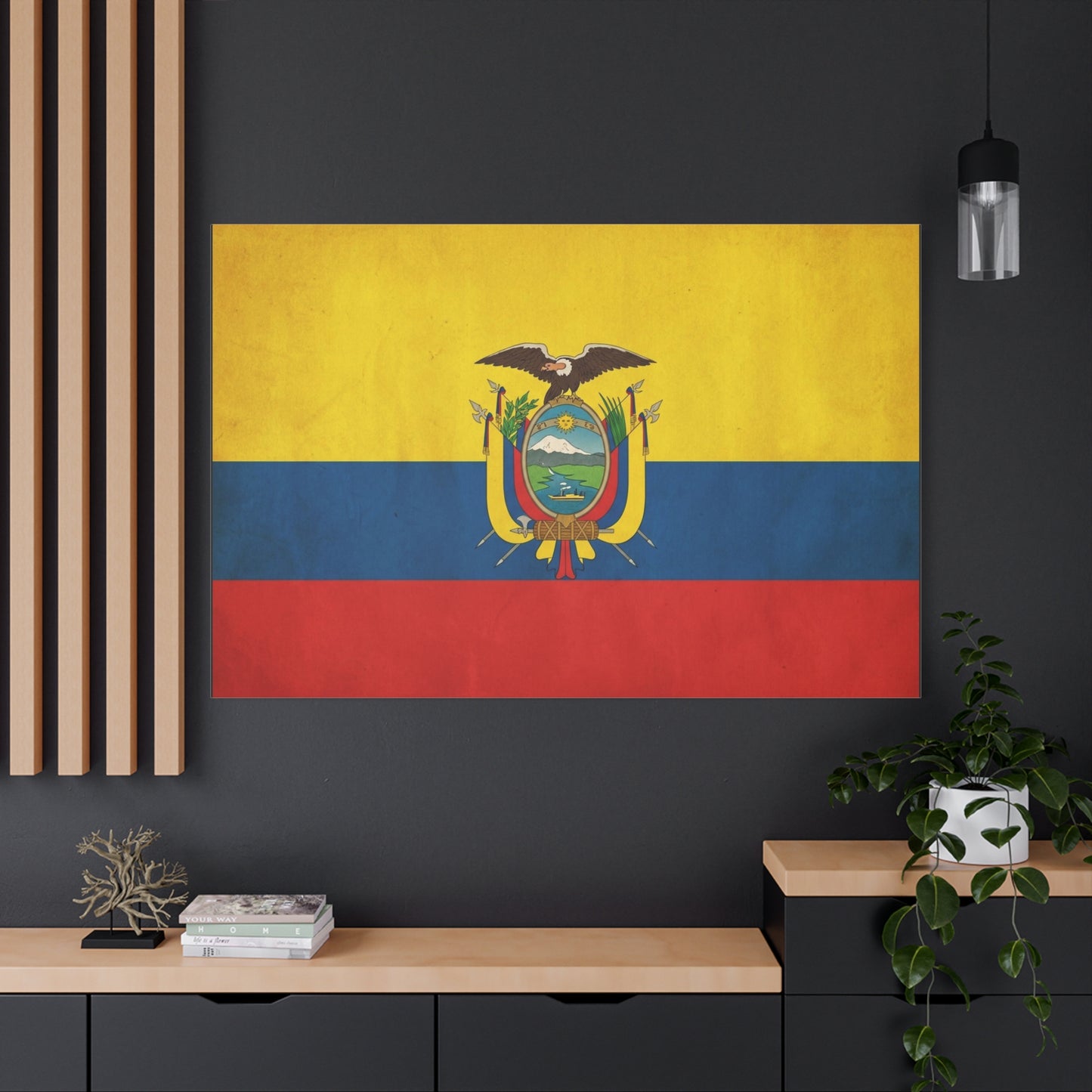 Ecuador Flag Canvas Wall Art - Vintage National Banner Print, Yellow Blue Red Tricolor With Coat Of Arms - Traditional Patriotic Decor - Living Room Home Decoration, Office Accent - Office Wall Art