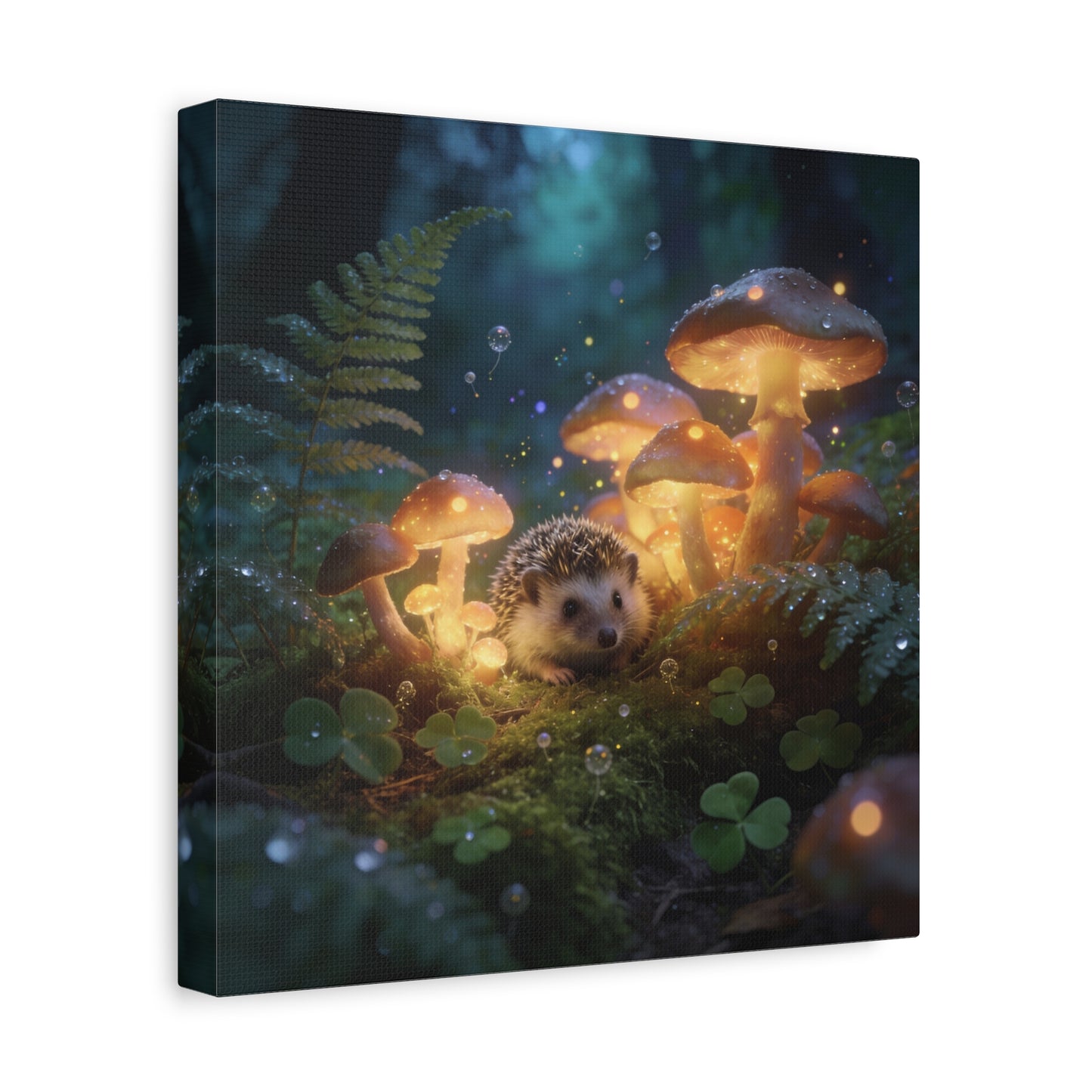 Hedgehog Mushroom Canvas Wall Art - Glowing Forest Fantasy Animal Print - Matte Cotton Art Print, Whimsical Woodland Style - Bedroom Wall Decor, Nursery Home Decoration Accent - Modern Farmhouse Style