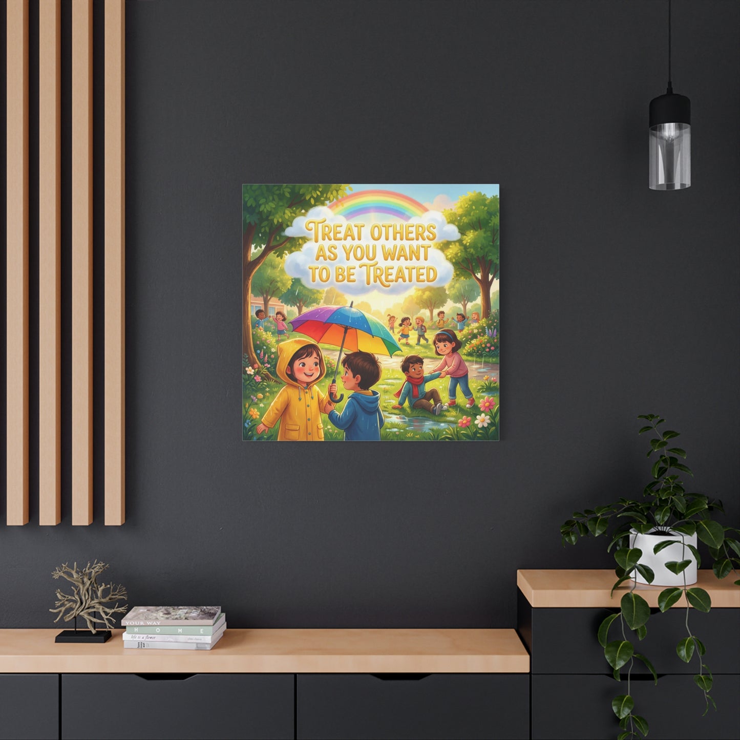 "Treat Others As You Want To Be Treated" Kids Canvas Wall Art - Rainbow Umbrella Kindness Quote Print - Colorful Classroom Decor - Nursery Playroom Bedroom Home Decoration - Bohemian Wall Hanging