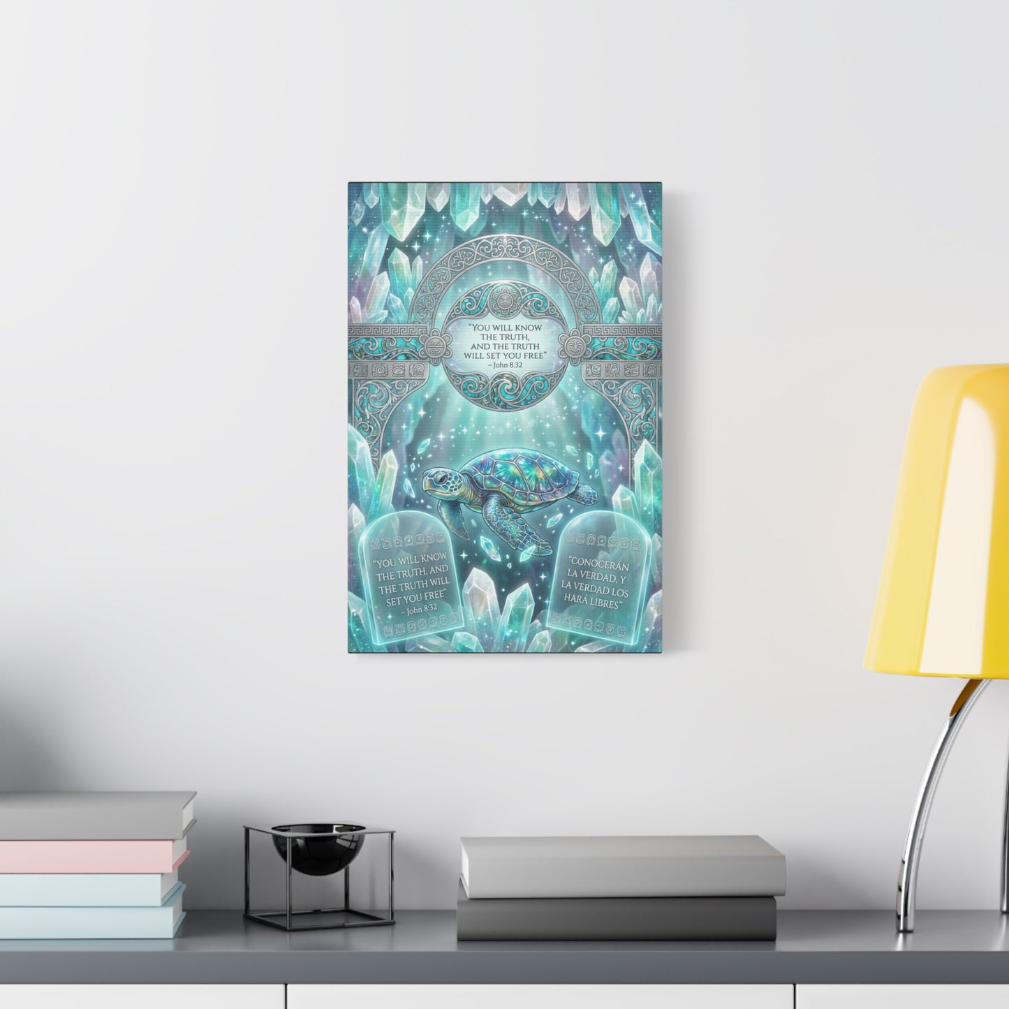 "You Will Know The Truth, And The Truth Will Set You Free" Sea Turtle Canvas Wall Art - John 8:32 Scripture Decor, Crystal Ocean Fantasy Style, Bedroom Wall Hanging, Meditation Space - Ready to Hang