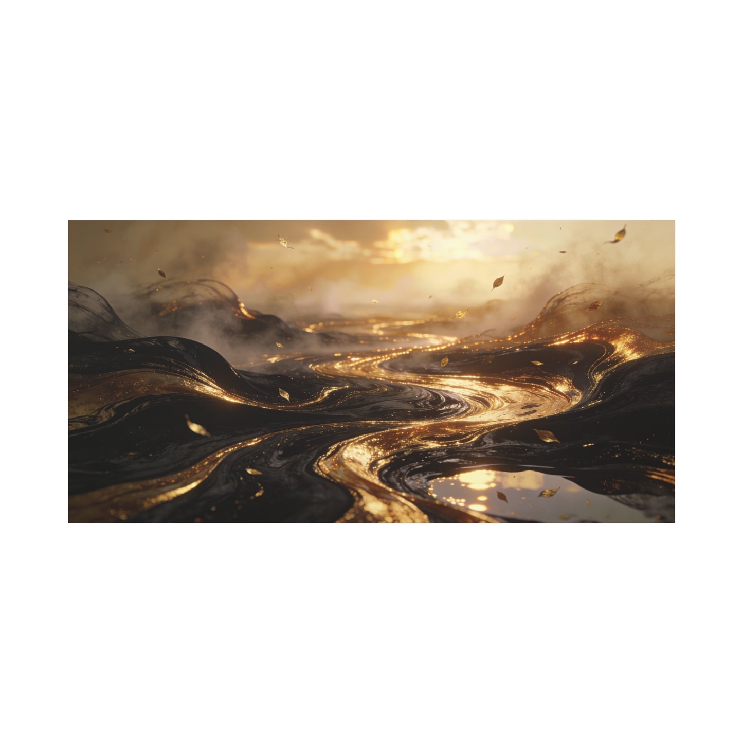 Abstract Gold River Canvas Wall Art - Luminous Flowing Landscape, capiz shells wall decor - Matte Cotton Print, Contemporary Style - Living Room Wall Decor, Bedroom Home Decoration - Ready to Hang