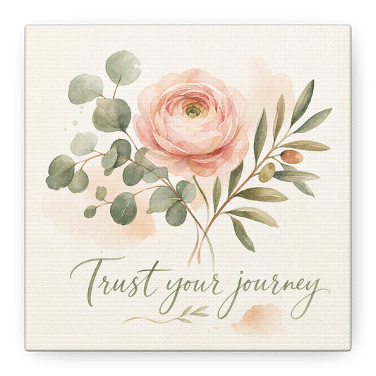 "Trust Your Journey" Floral Canvas Wall Art - Blush Rose, Eucalyptus Botanical Watercolor - Inspirational Home Decor - Bedroom Wall Hanging, Modern Farmhouse Style, Office Accent - Ready to Hang