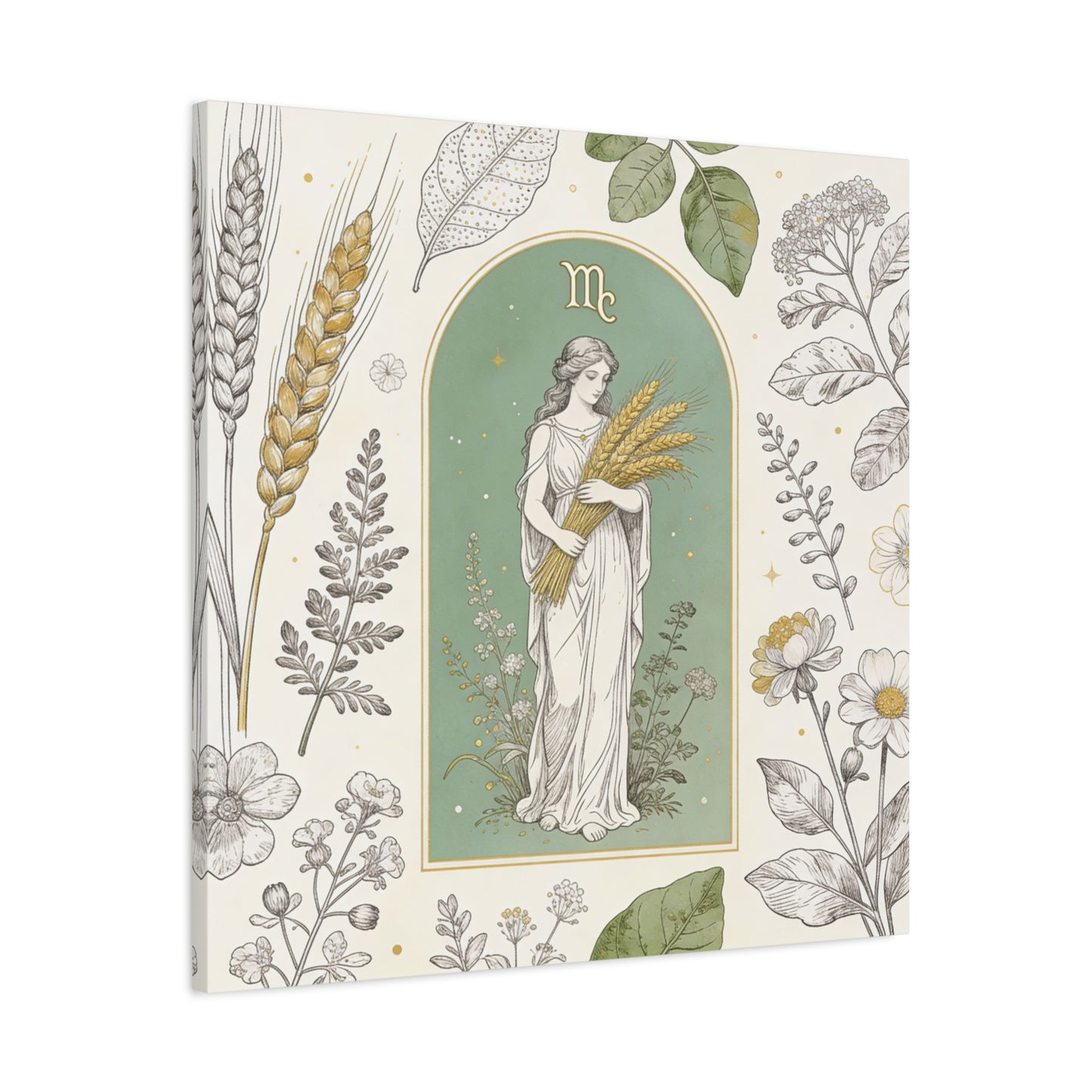 Virgo Zodiac Canvas Wall Art - Botanical Maiden Holding Wheat, Celestial Illustration - Sage Green Gold Cotton Print - Vintage Astrology Decor, Bedroom Wall Hanging Accent - Bedroom Home Decoration