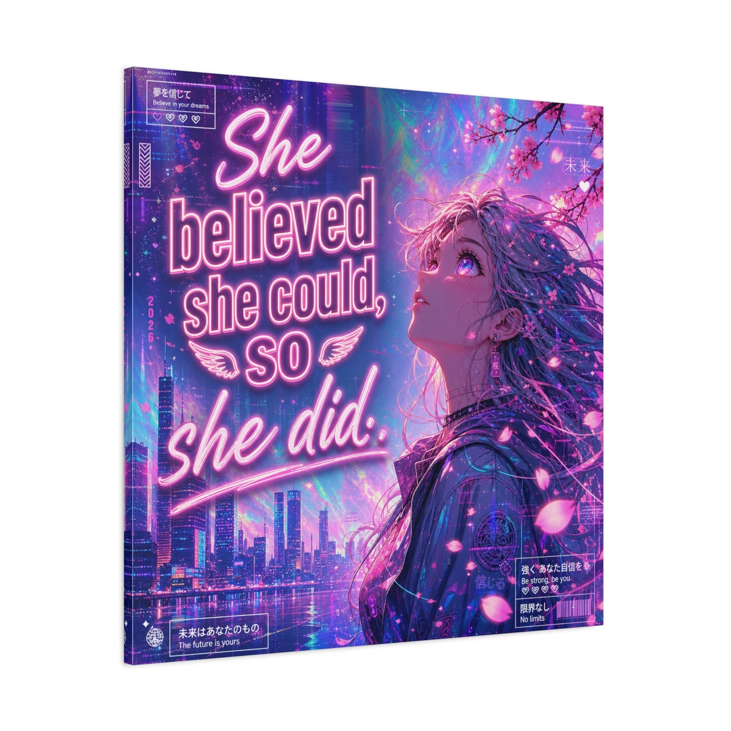"She Believed She Could, So She Did" Anime Girl Canvas Wall Art - Neon Sakura Cityscape, Inspirational Typography Print - Contemporary Bedroom Wall Decor, Teenager Room Decor - Bedroom Home Decoration