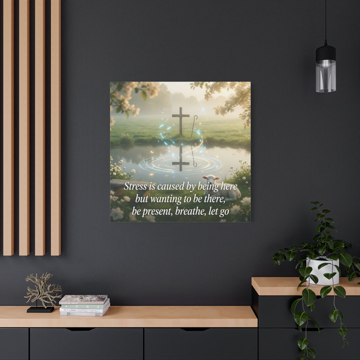 "Stress is caused by being here but wanting to be there, be present, breathe, let go" Cross Canvas Wall Art - Christian Inspirational Pond Scene - Traditional Style - Bedroom Wall Decor